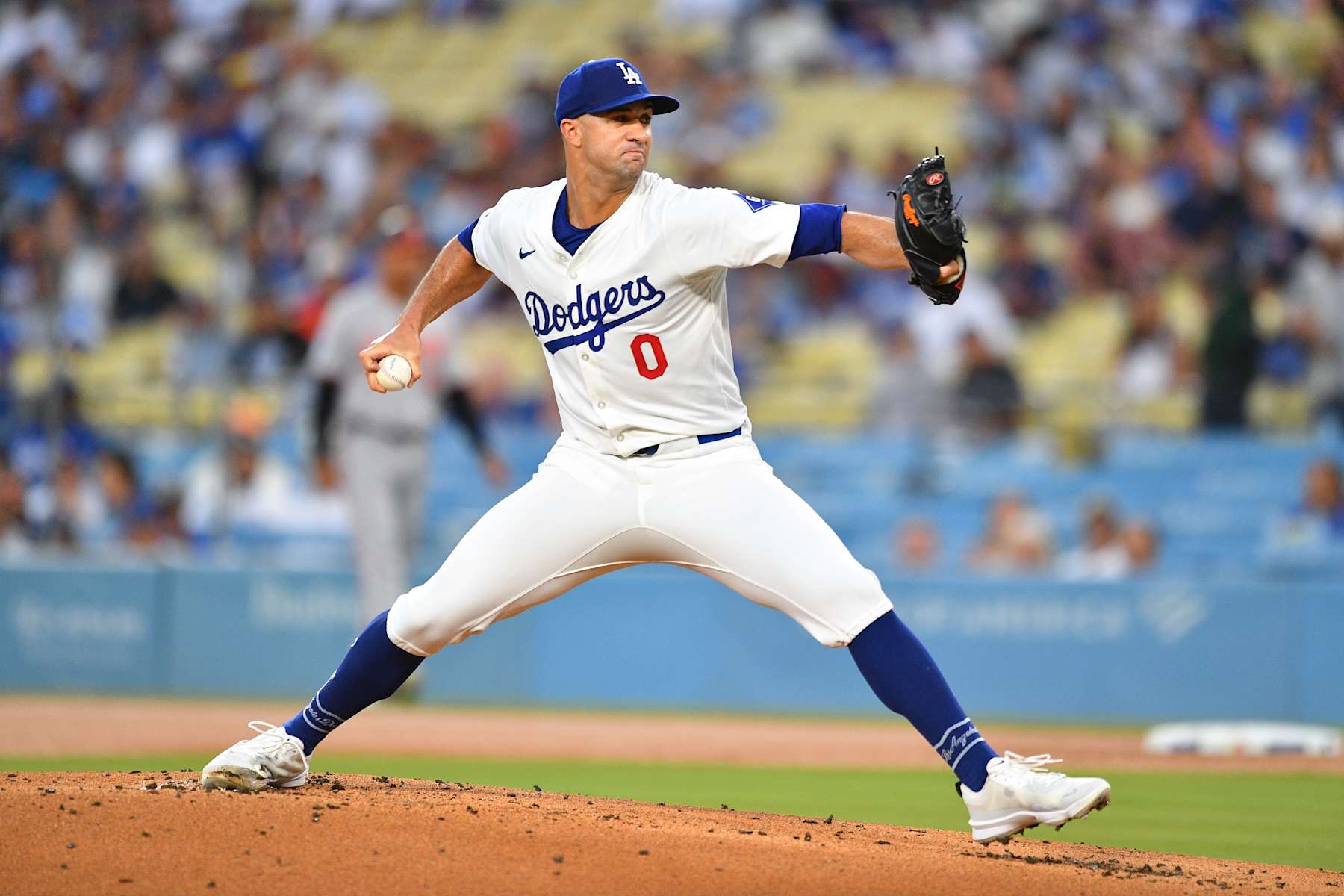 LOS ANGELES, CA - AUGUST 27: Los Angeles Dodgers pitcher Jack Flaherty (0) throws a pitch during the MLB game between the Baltimore Orioles and the Los Angeles Dodgers on August 27, 2024 at Dodger Stadium in Los Angeles, CA. (Photo by Brian Rothmuller/Icon Sportswire via Getty Images)