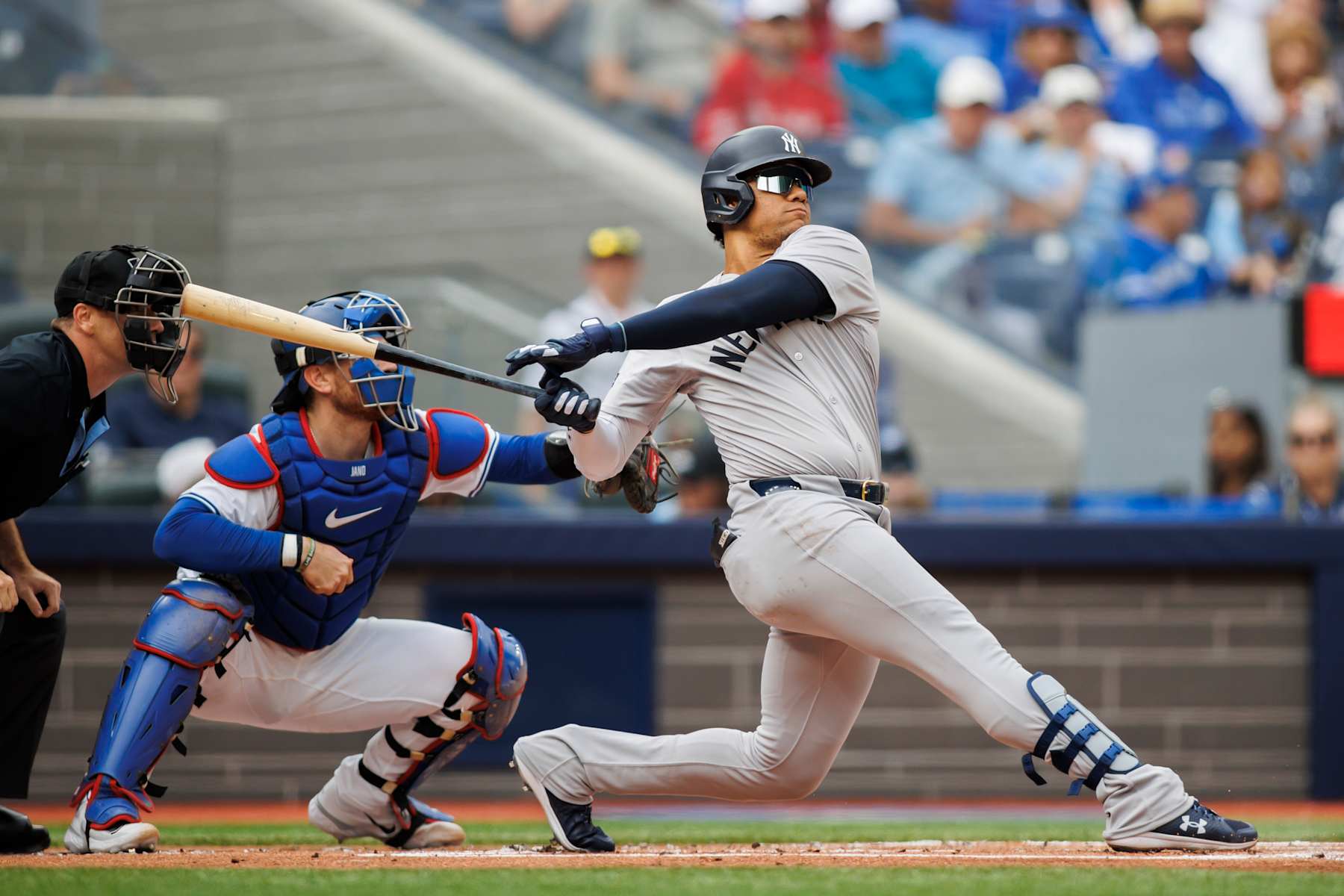 TORONTO, CANADA - JUNE 30: Juan Soto #22 of the New York Yankees in the first inning of their MLB game against the Toronto Blue Jays at Rogers Centre on June 30, 2024 in Toronto, Ontario, Canada. (Photo by Cole Burston/Getty Images)