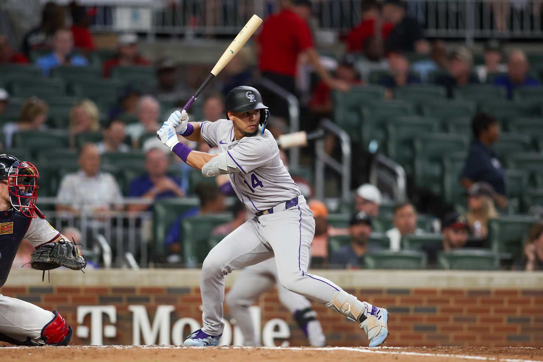 ATLANTA, GEORGIA - SEPTEMBER 5: Ezequiel Tovar #14 of the Colorado Rockies bats against the Atlanta Braves in the eighth inning at Truist Park on September 5, 2024 in Atlanta, Georgia. (Photo by Brett Davis/Getty Images)