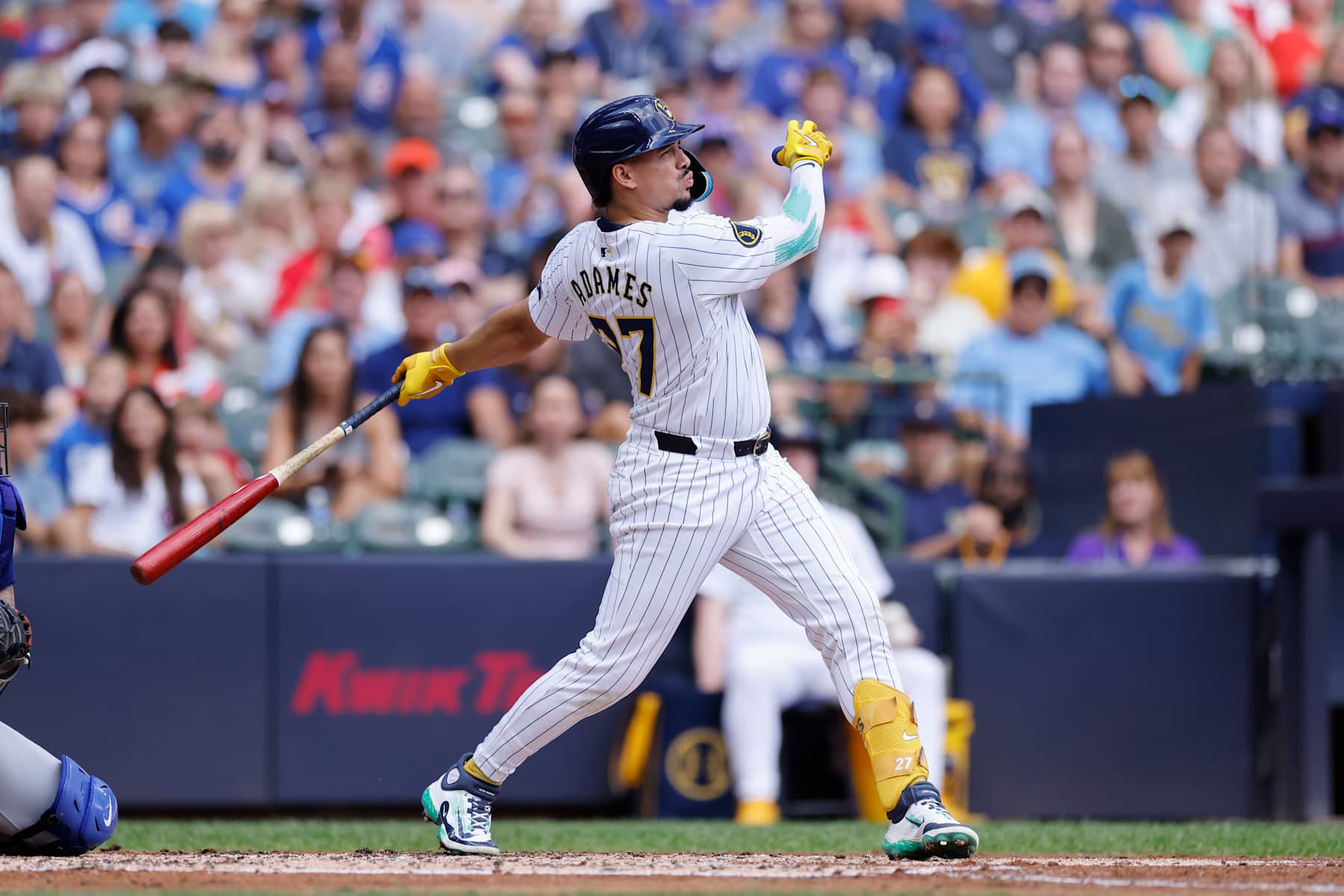 MILWAUKEE, WI - JUNE 29: Milwaukee Brewers shortstop Willy Adames (27) bats during an MLB game against the Chicago Cubs on June 29, 2024 at American Family Field in Milwaukee, Wisconsin. (Photo by Joe Robbins/Icon Sportswire via Getty Images)