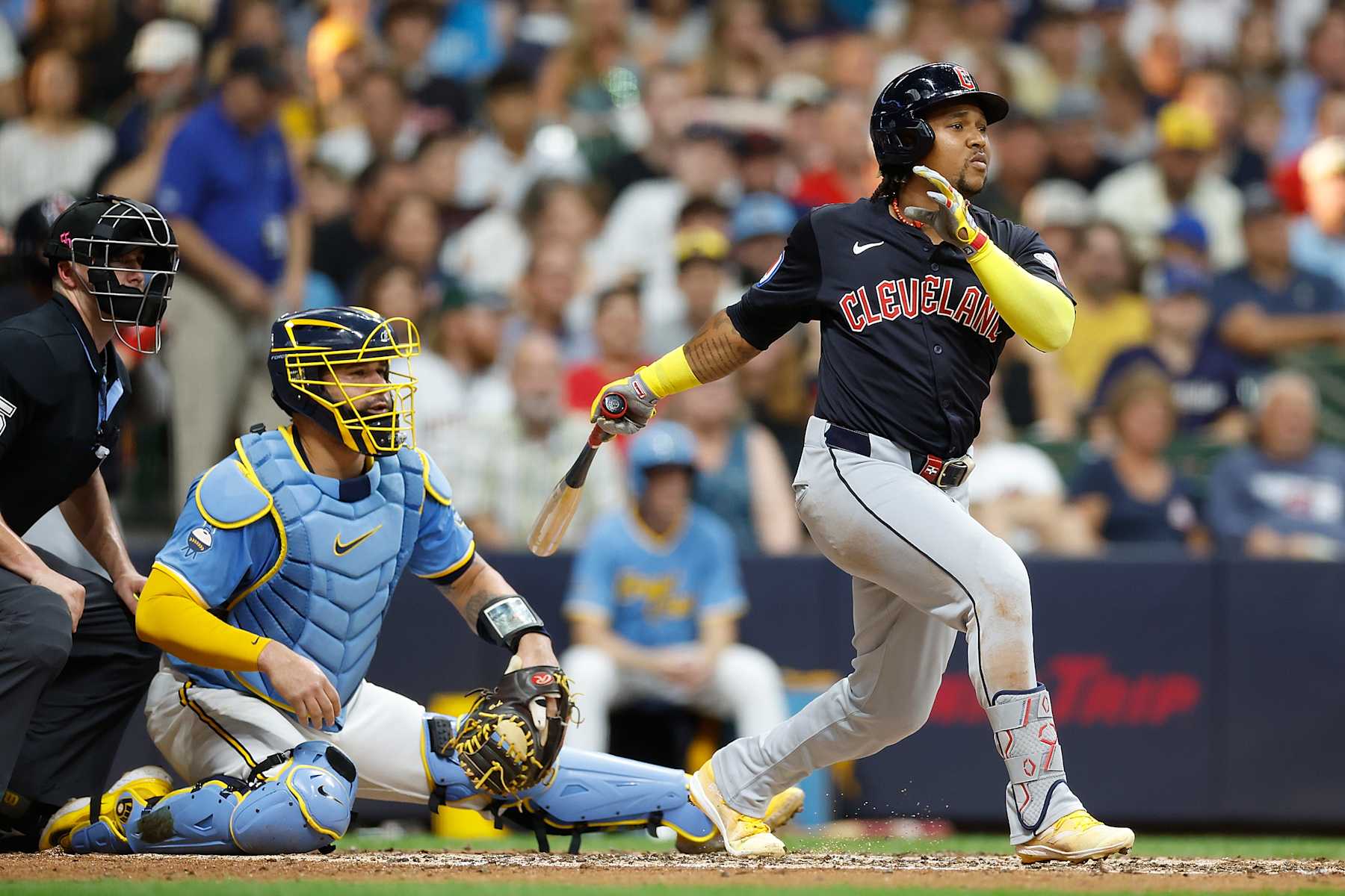 MILWAUKEE, WISCONSIN - AUGUST 17: José Ramírez #11 of the Cleveland Guardians up to bat against the Milwaukee Brewers at American Family Field on August 17, 2024 in Milwaukee, Wisconsin. (Photo by John Fisher/Getty Images)