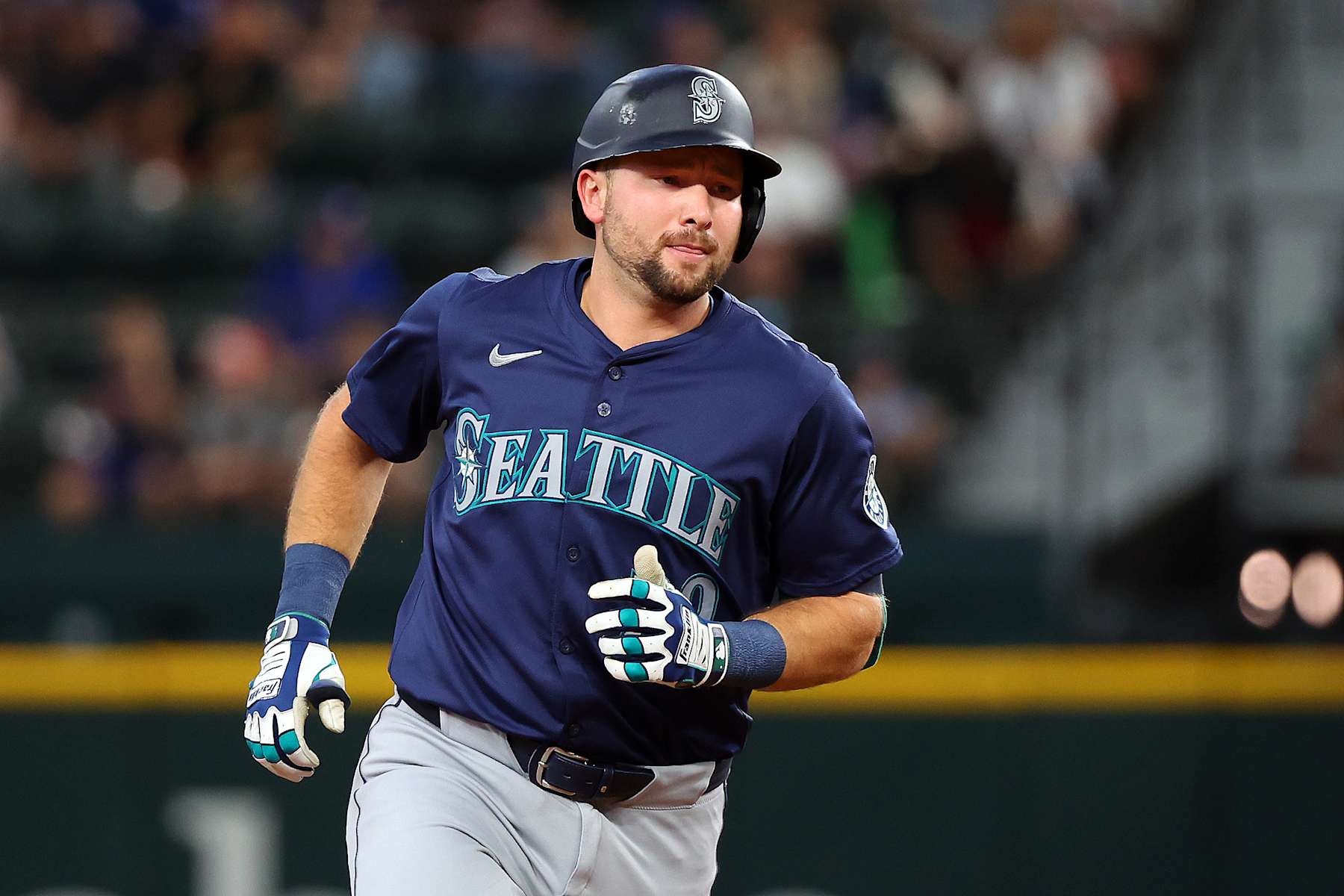 ARLINGTON, TEXAS - SEPTEMBER 22: Cal Raleigh #29 of the Seattle Mariners runs the bases after a home run against the Texas Rangers at Globe Life Field on September 22, 2024 in Arlington, Texas. (Photo by Richard Rodriguez/Getty Images)