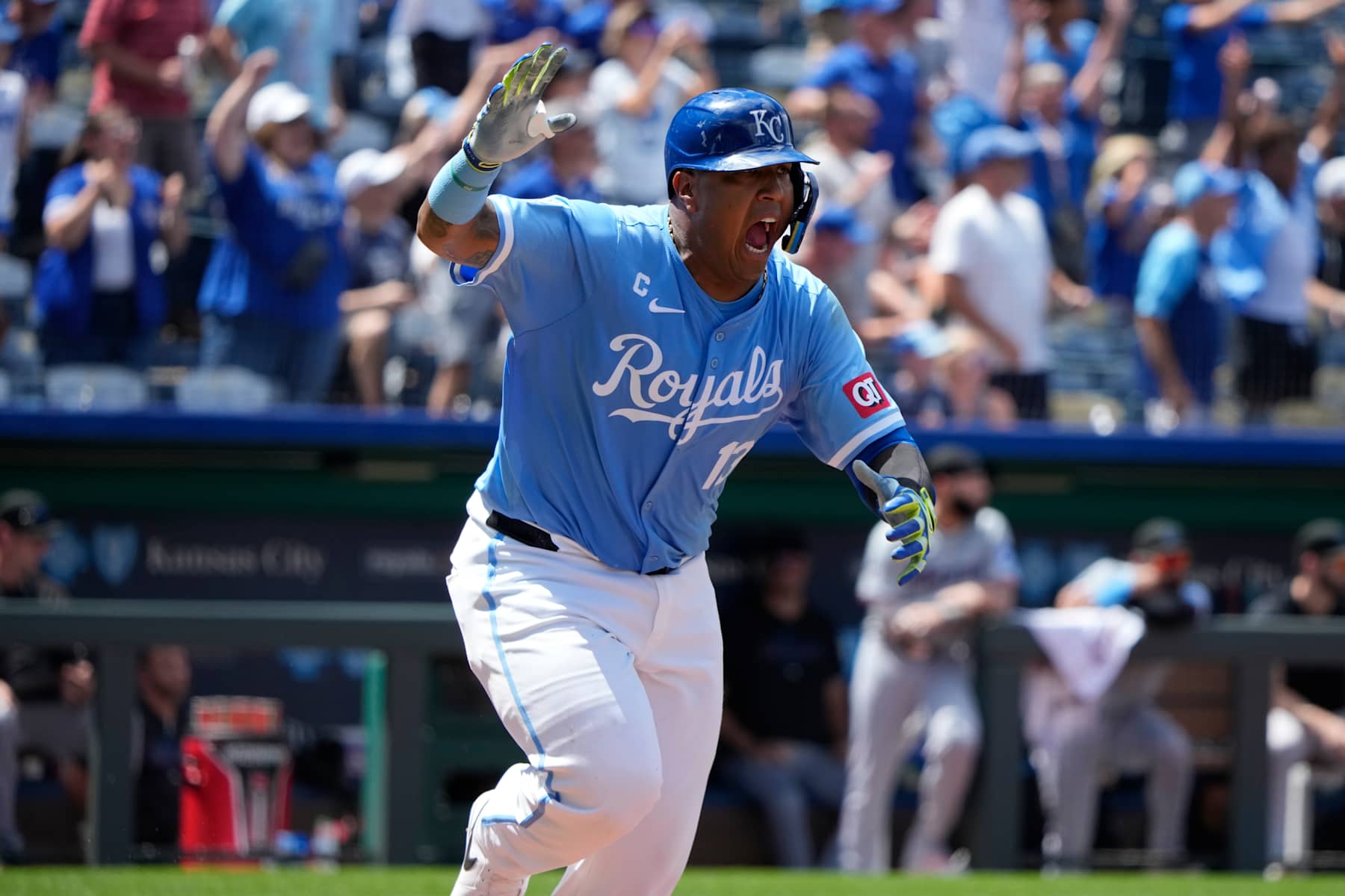 KANSAS CITY, MISSOURI - JUNE 26:  Salvador Perez #13 of the Kansas City Royals celebrates an RBI double in the eighth inning at Kauffman Stadium on June 26, 2024 in Kansas City, Missouri. (Photo by Ed Zurga/Getty Images)