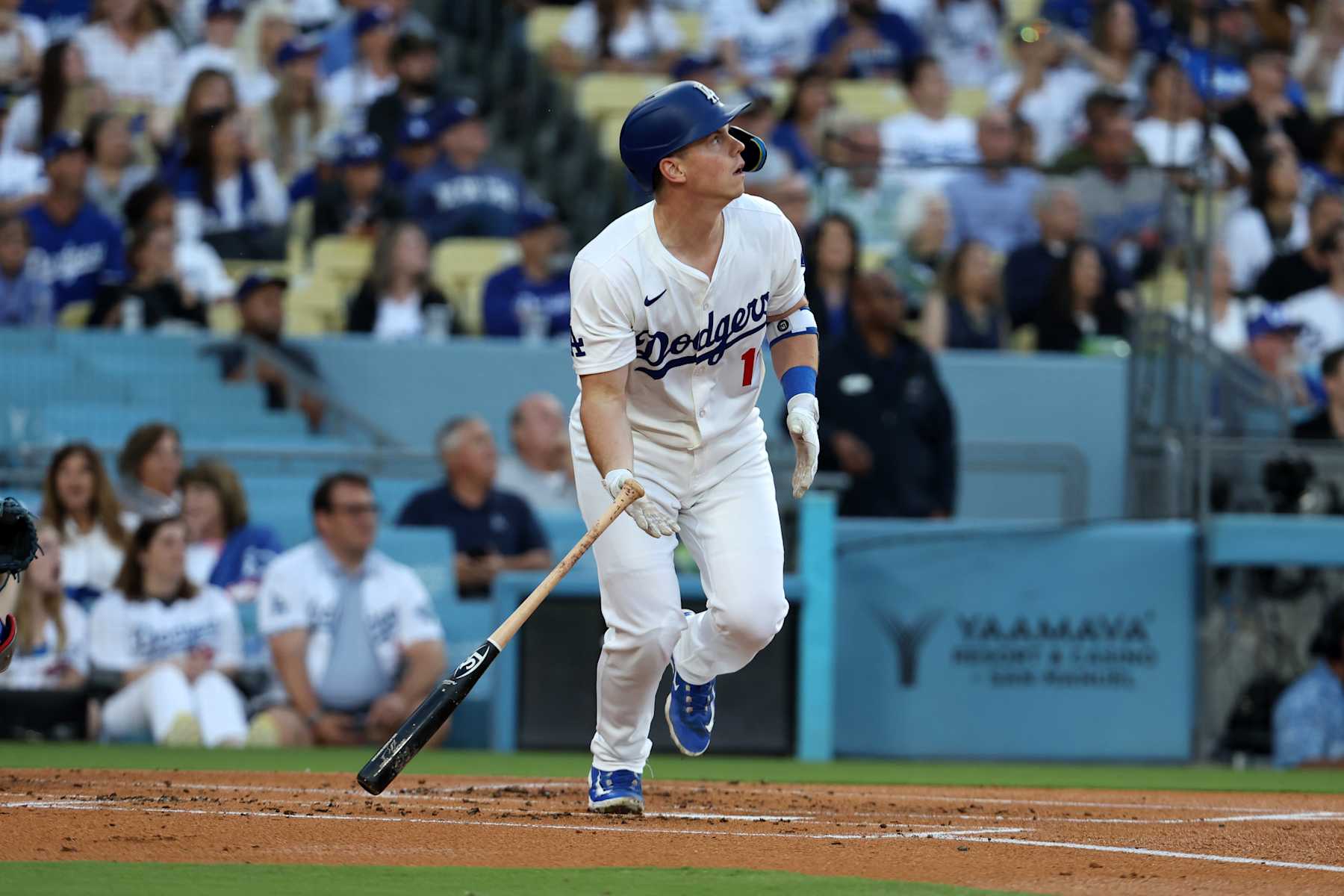 LOS ANGELES, CA - JUNE 11:  Will Smith #16 of the Los Angeles Dodgers homers during the game against the Texas Rangers at Dodger Stadium on June 11, 2024 in Los Angeles, California. The Dodgers defeated the Rangers 15-2. (Photo by Rob Leiter/MLB Photos via Getty Images)