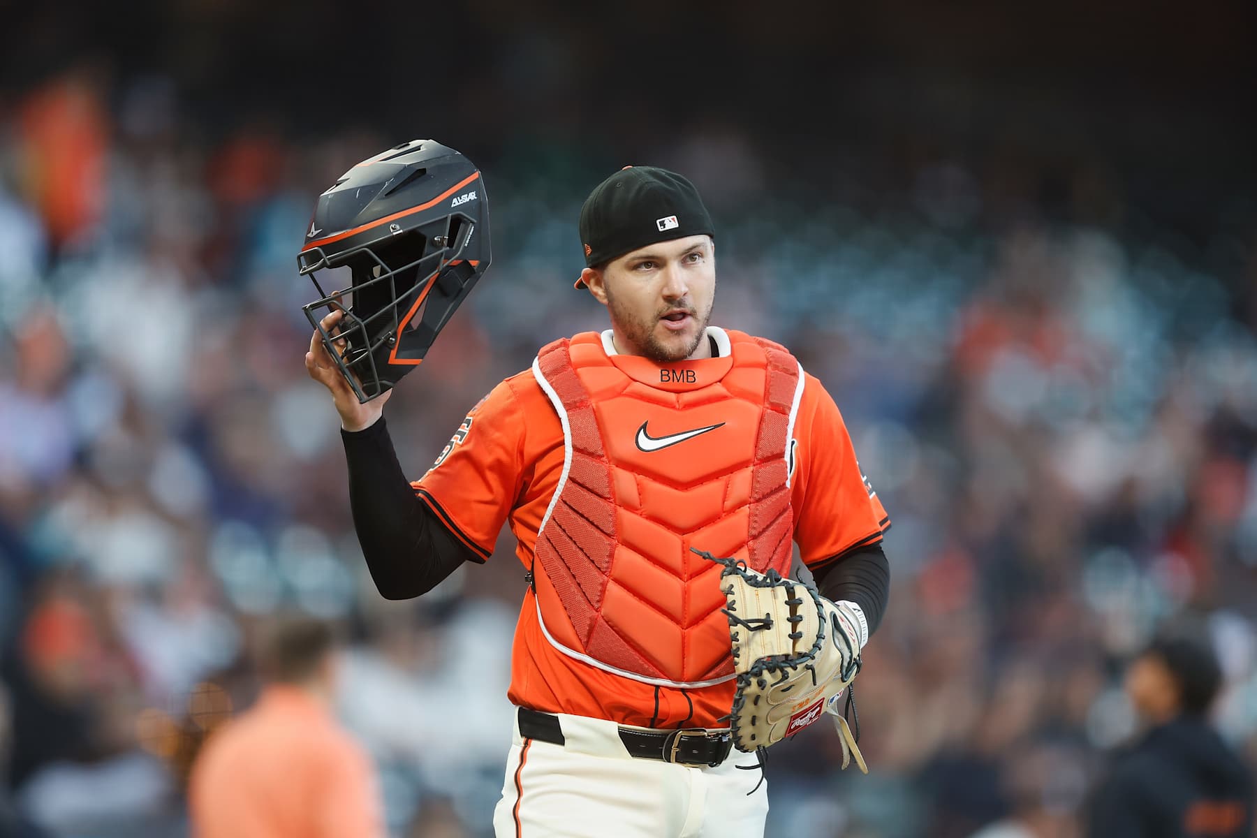 SAN FRANCISCO, CALIFORNIA - AUGUST 30: Catcher Patrick Bailey #14 of the San Francisco Giants looks on before the game against the Miami Marlins at Oracle Park on August 30, 2024 in San Francisco, California. (Photo by Lachlan Cunningham/Getty Images)