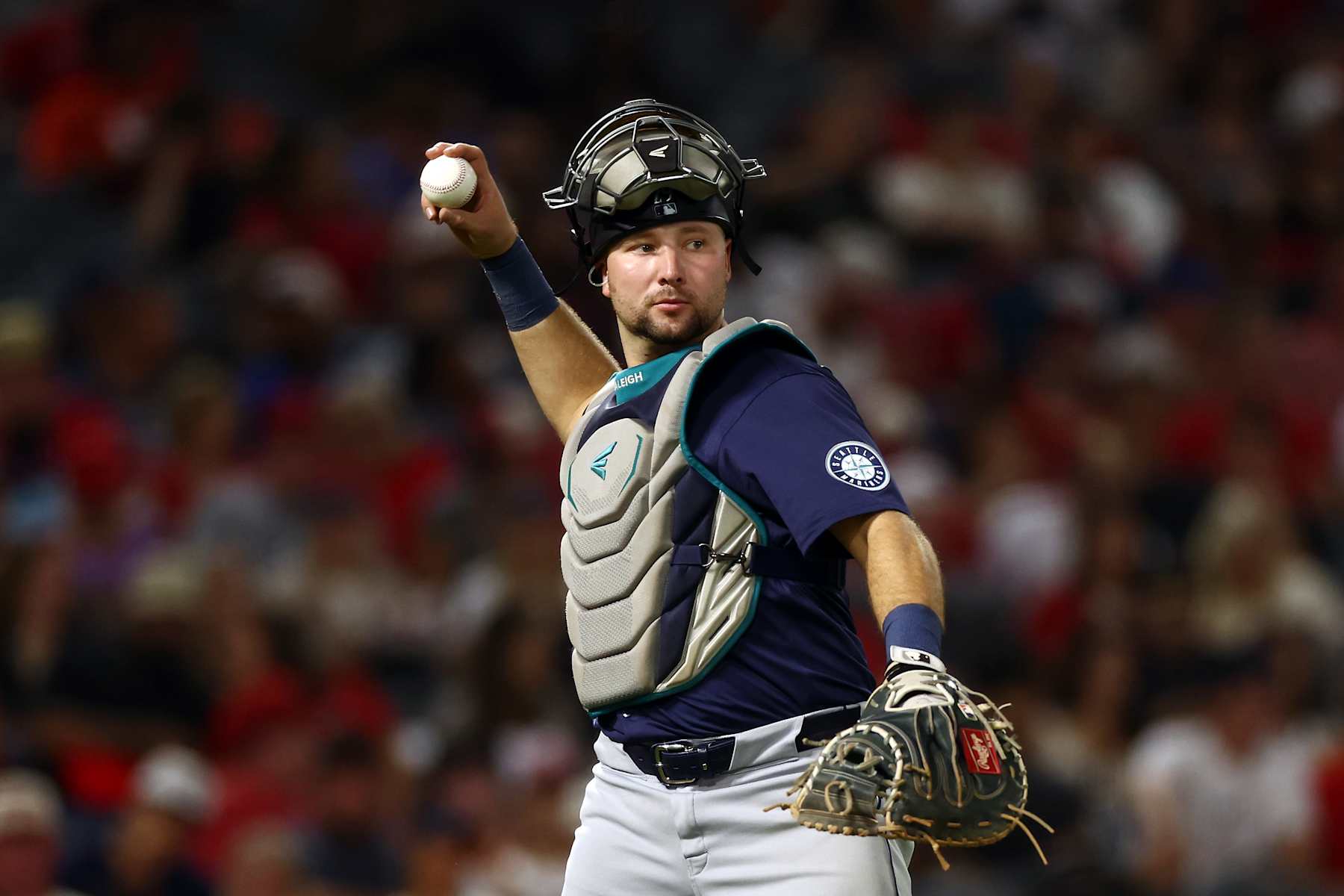 ANAHEIM, CALIFORNIA - AUGUST 31: Cal Raleigh #29 of the Seattle Mariners throws the ball during the fifth inning against the Los Angeles Angels at Angel Stadium of Anaheim on August 31, 2024 in Anaheim, California. (Photo by Katelyn Mulcahy/Getty Images)
