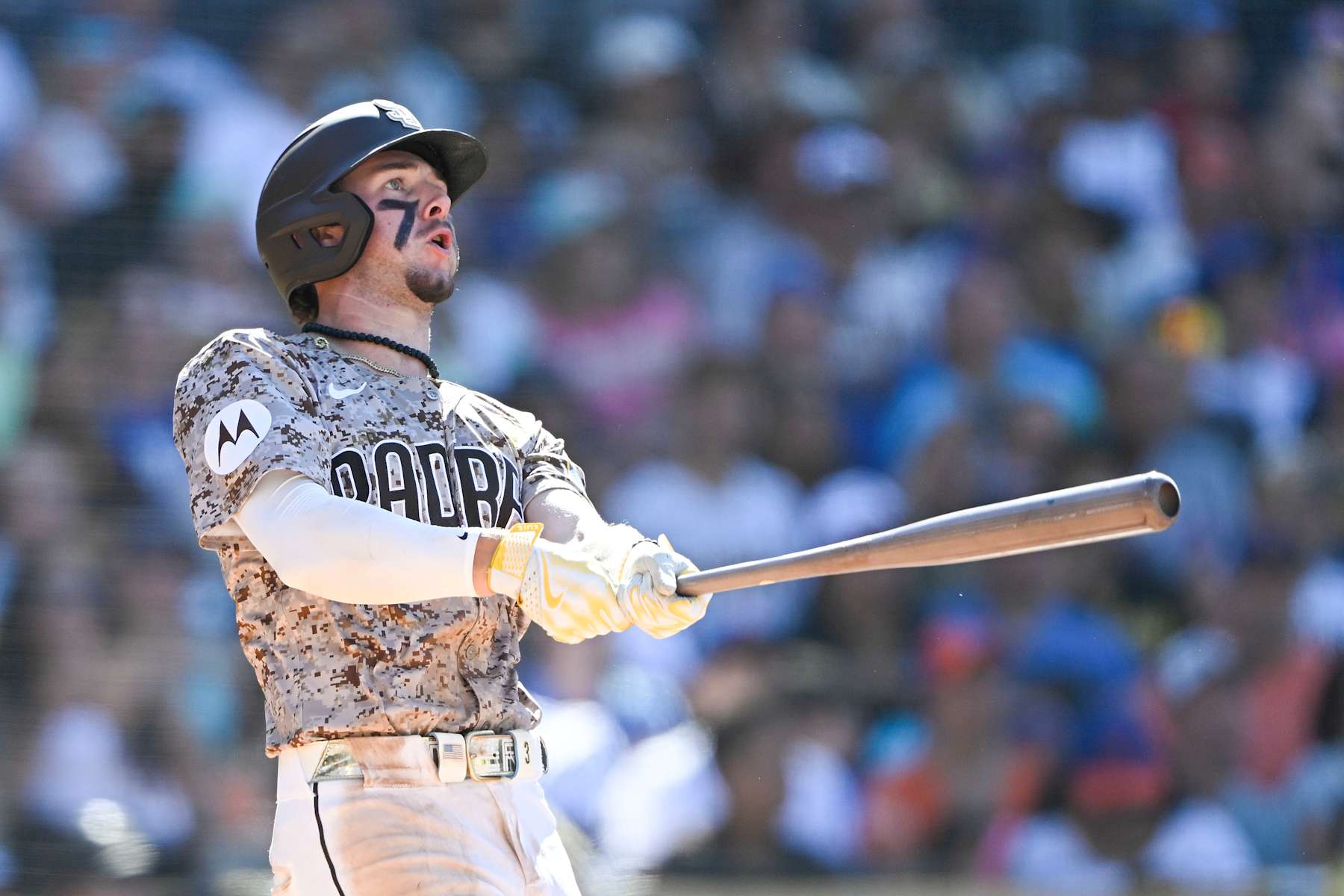 SAN DIEGO, CA - AUGUST 25: Jackson Merrill #3 of the San Diego Padres hits a walk-off solo home run in the ninth inning against the New York Mets August 25, 2024 at Petco Park in San Diego, California. (Photo by Denis Poroy/Getty Images)