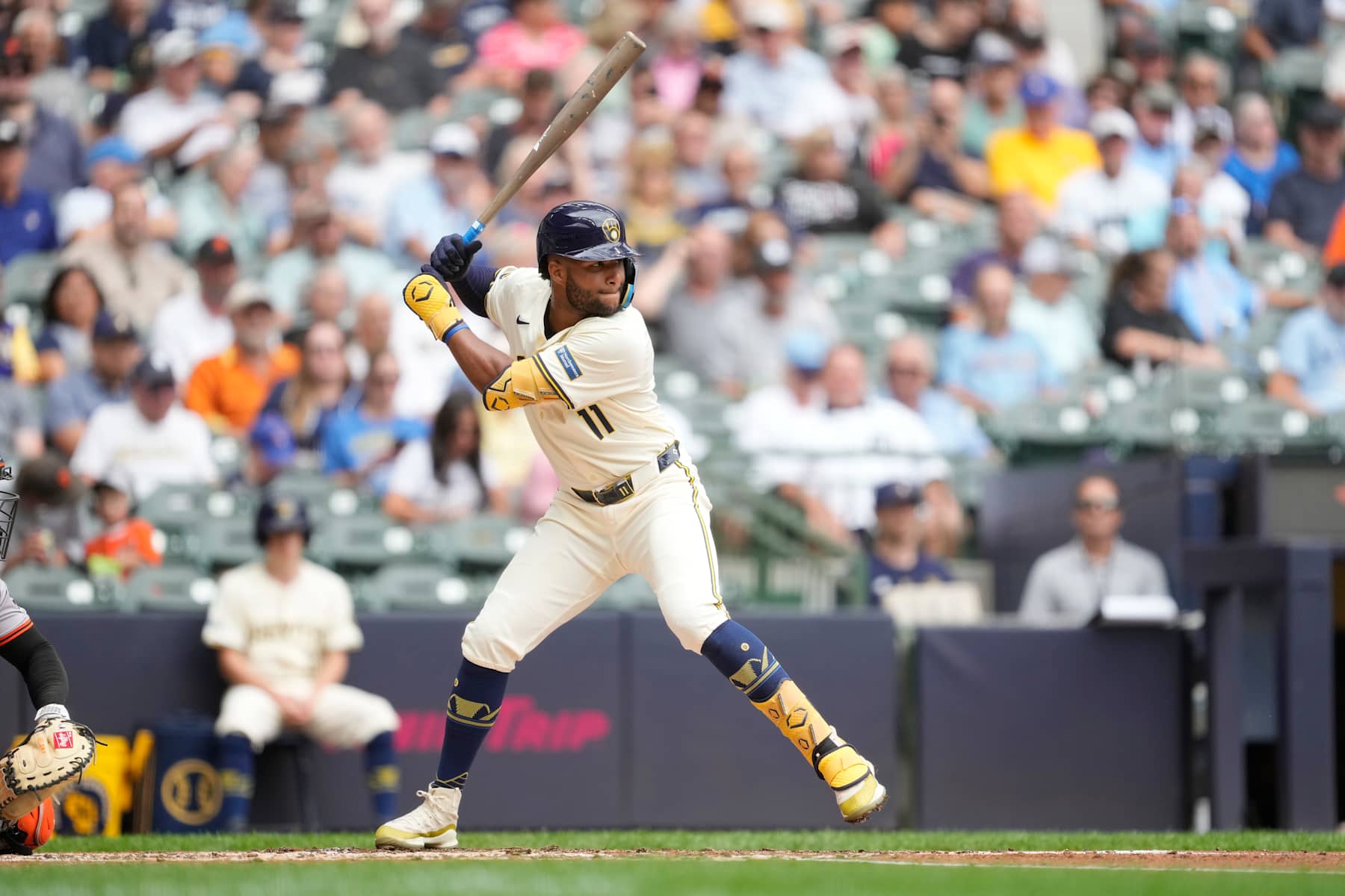 MILWAUKEE, WISCONSIN - AUGUST 29: Jackson Chourio #11 of the Milwaukee Brewers bats in the third inning against the San Francisco Giants at American Family Field on August 29, 2024 in Milwaukee, Wisconsin. (Photo by Patrick McDermott/Getty Images)