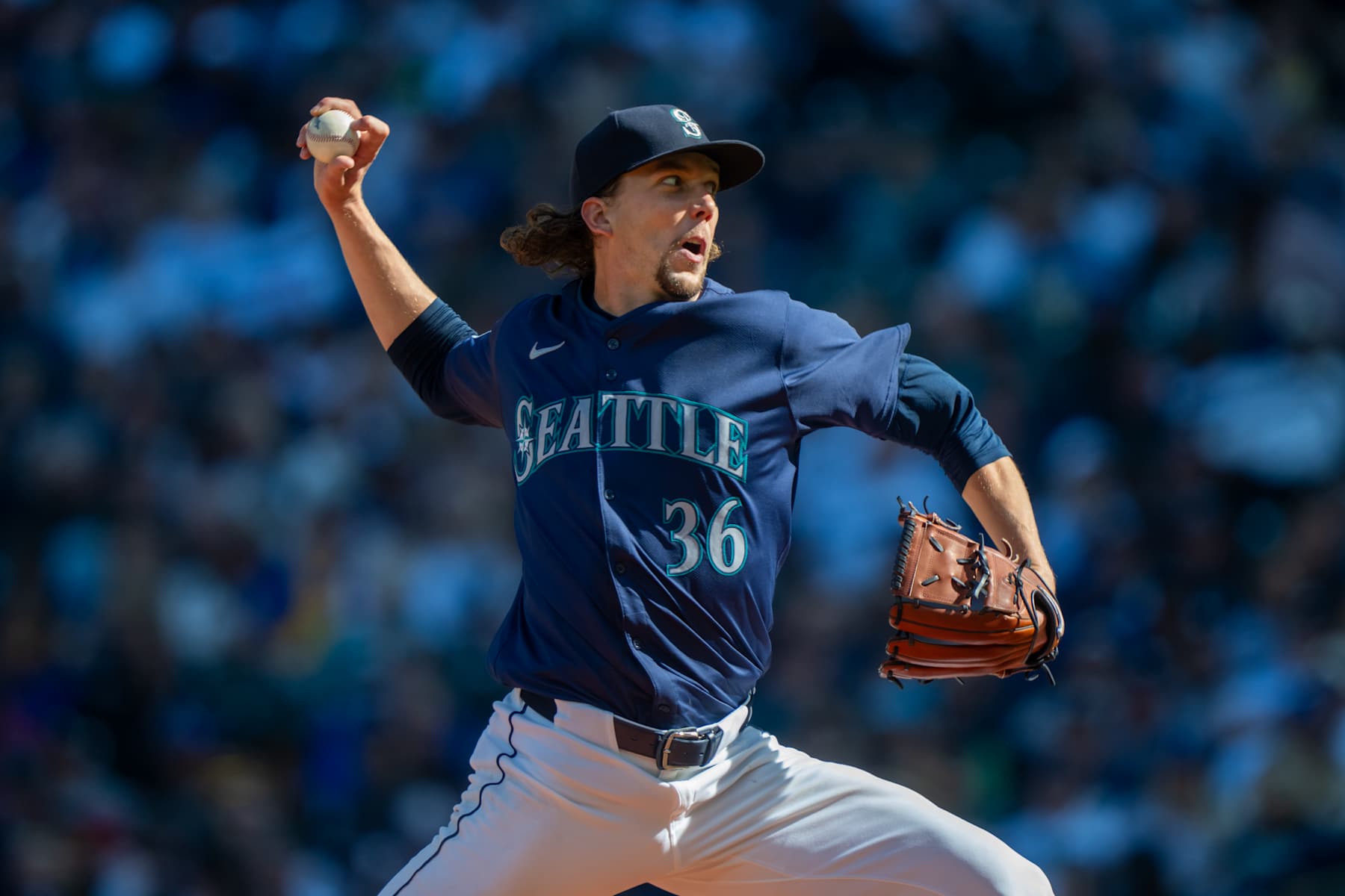 SEATTLE, WA - SEPTEMBER 19: Starter Logan Gilbert #36 of the Seattle Mariners pitches during a game against the New York Yankees at T-Mobile Park on September 19, 2024 in Seattle, Washington. The Mariners won 3-2. (Photo by Stephen Brashear/Getty Images)