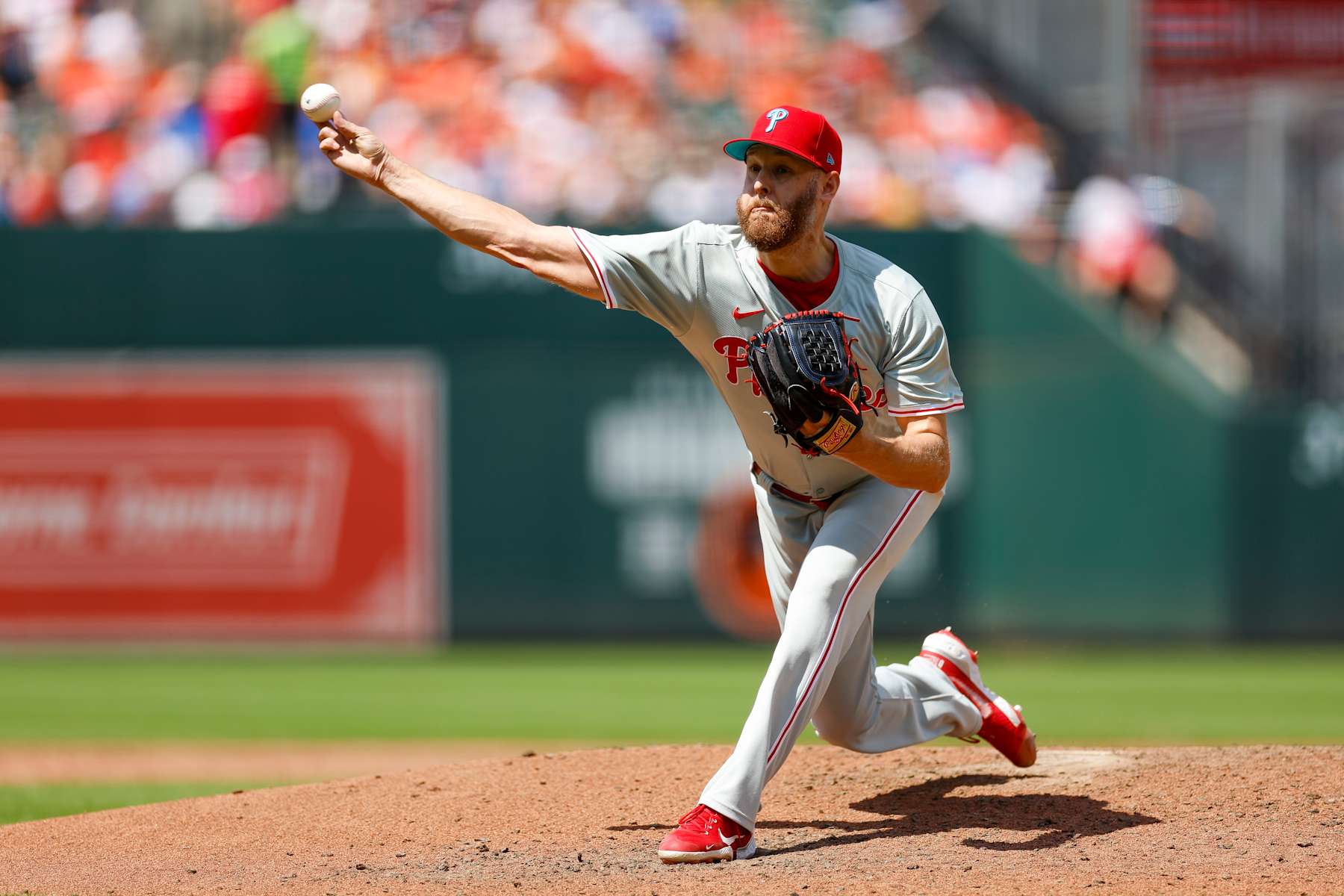 BALTIMORE, MARYLAND - JUNE 16: Zack Wheeler #45 of the Philadelphia Phillies throws a pitch in the fifth inning against the Baltimore Orioles at Oriole Park at Camden Yards on June 16, 2024 in Baltimore, Maryland. (Photo by Brandon Sloter/Image Of Sport/Getty Images)