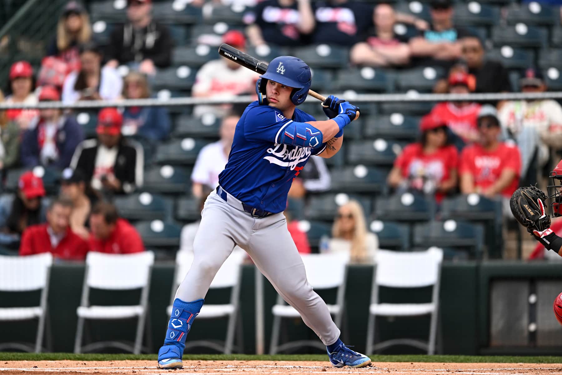 TEMPE, ARIZONA - MARCH 16, 2024: Dalton Rushing #75 of the Los Angeles Dodgers bats during the first inning of a spring training Spring Breakout game against the Los Angeles Angels at Tempe Diablo Stadium on March 16, 2024 in Tempe, Arizona. (Photo by Chris Bernacchi/Diamond Images via Getty Images)