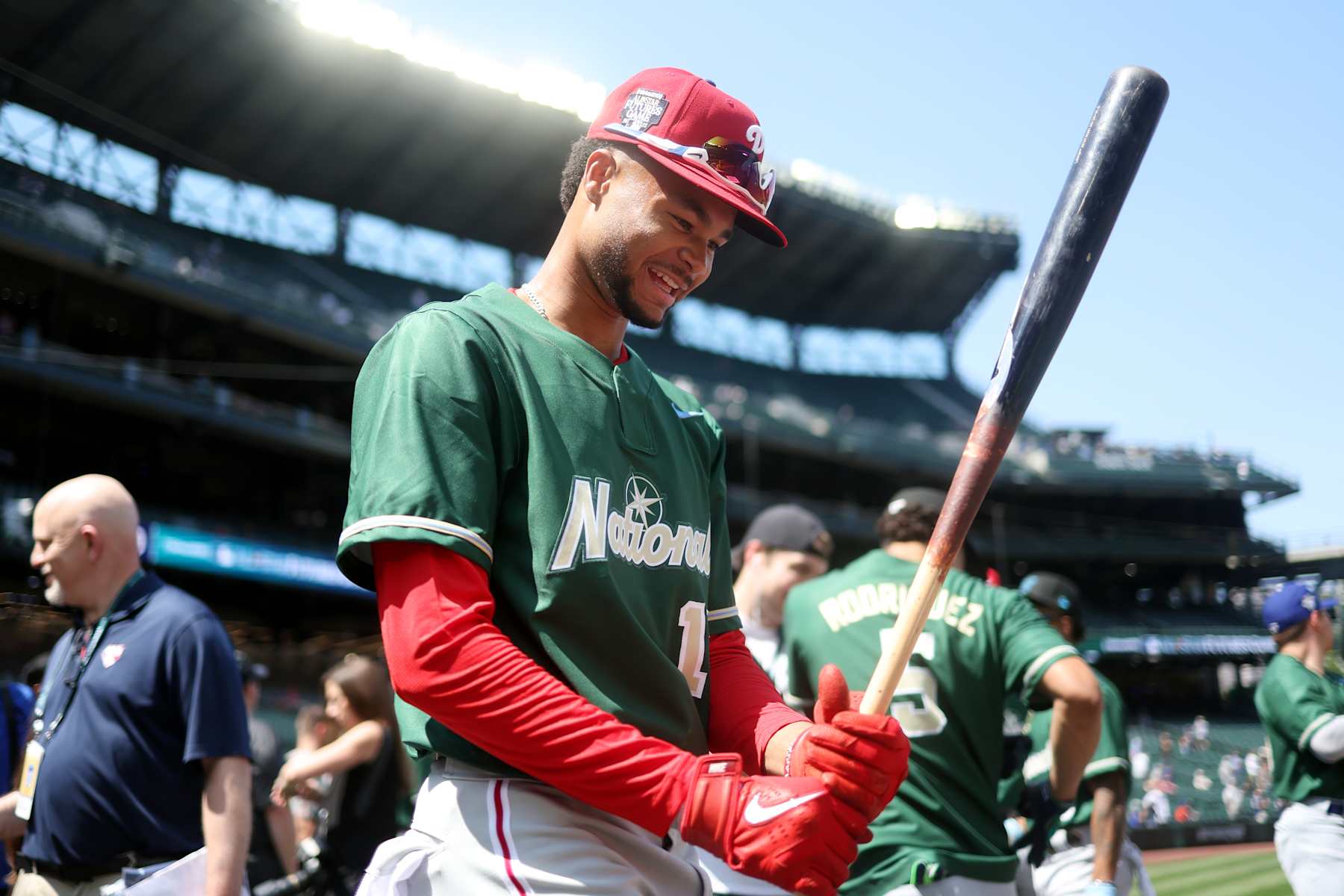 SEATTLE, WA - JULY 08:  Justin Crawford #13 of the Philadelphia Phillies looks on during batting practice prior to the SiriusXM All-Star Futures Game at T-Mobile Park on Saturday, July 8, 2023 in Seattle, Washington. (Photo by Rob Tringali/MLB Photos via Getty Images)