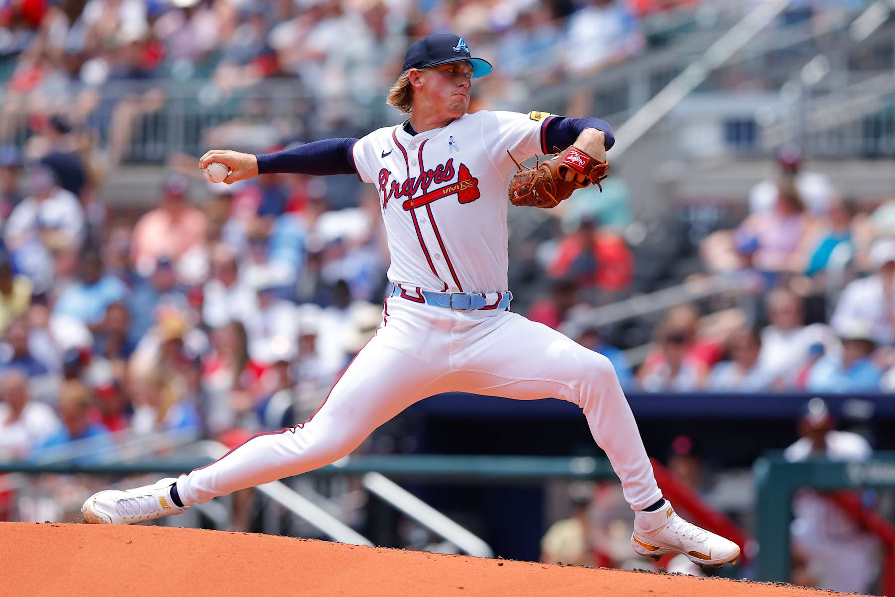 ATLANTA, GEORGIA - JUNE 16: Hurston Waldrep #30 of the Atlanta Braves pitches during the third inning against the Tampa Bay Rays at Truist Park on June 16, 2024 in Atlanta, Georgia. (Photo by Todd Kirkland/Getty Images)