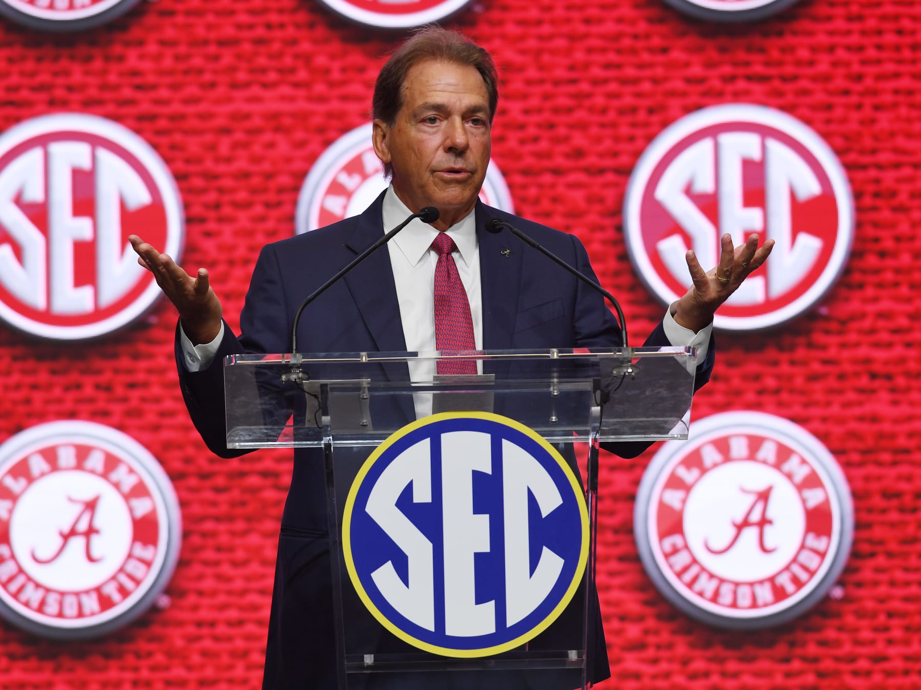 ATLANTA, GA - JULY 19: Alabama Crimson Tide Head Coach Nick Saban addresses the media during the SEC Football Kickoff Media Days on July 19, 2022, at the College Football Hall of Fame in Atlanta, GA.(Photo by Jeffrey Vest/Icon Sportswire via Getty Images)