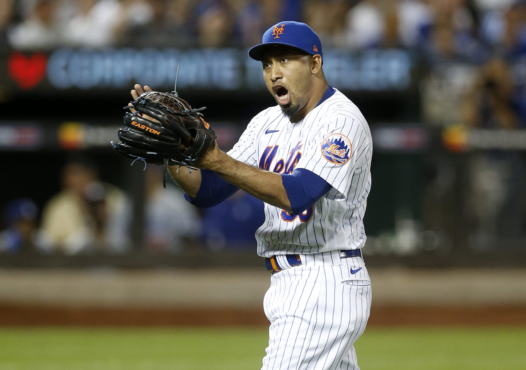 NEW YORK, NEW YORK - AUGUST 31:  Edwin Diaz #39 of the New York Mets reacts after the final out of a game against the Los Angeles Dodgers at Citi Field on August 31, 2022 in New York City. (Photo by Jim McIsaac/Getty Images)