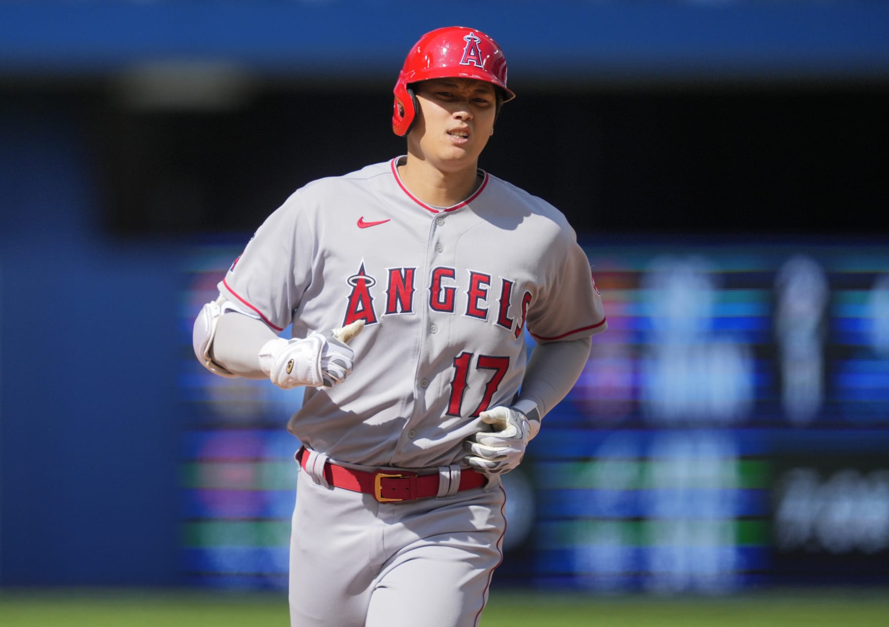 TORONTO, ON - AUGUST 28: Shohei Ohtani #17 of the Los Angeles Angels rounds the bases on his home run against the Toronto Blue Jays in the seventh inning during their MLB game at the Rogers Centre on August 28, 2022 in Toronto, Ontario, Canada. (Photo by Mark Blinch/Getty Images)