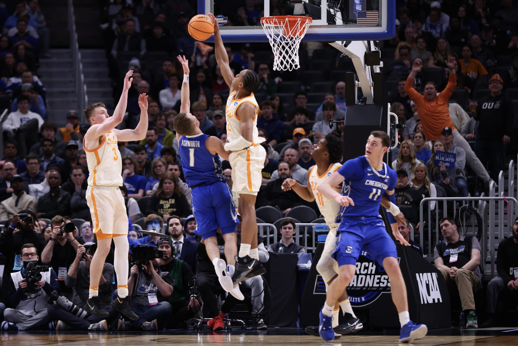 DETROIT, MICHIGAN - MARCH 29: Jordan Gainey #2 of the Tennessee Volunteers blocks a shot by Steven Ashworth #1 of the Creighton Bluejays during the second half in the Sweet 16 round of the NCAA Men's Basketball Tournament at Little Caesars Arena on March 29, 2024 in Detroit, Michigan. (Photo by Mike Mulholland/Getty Images)