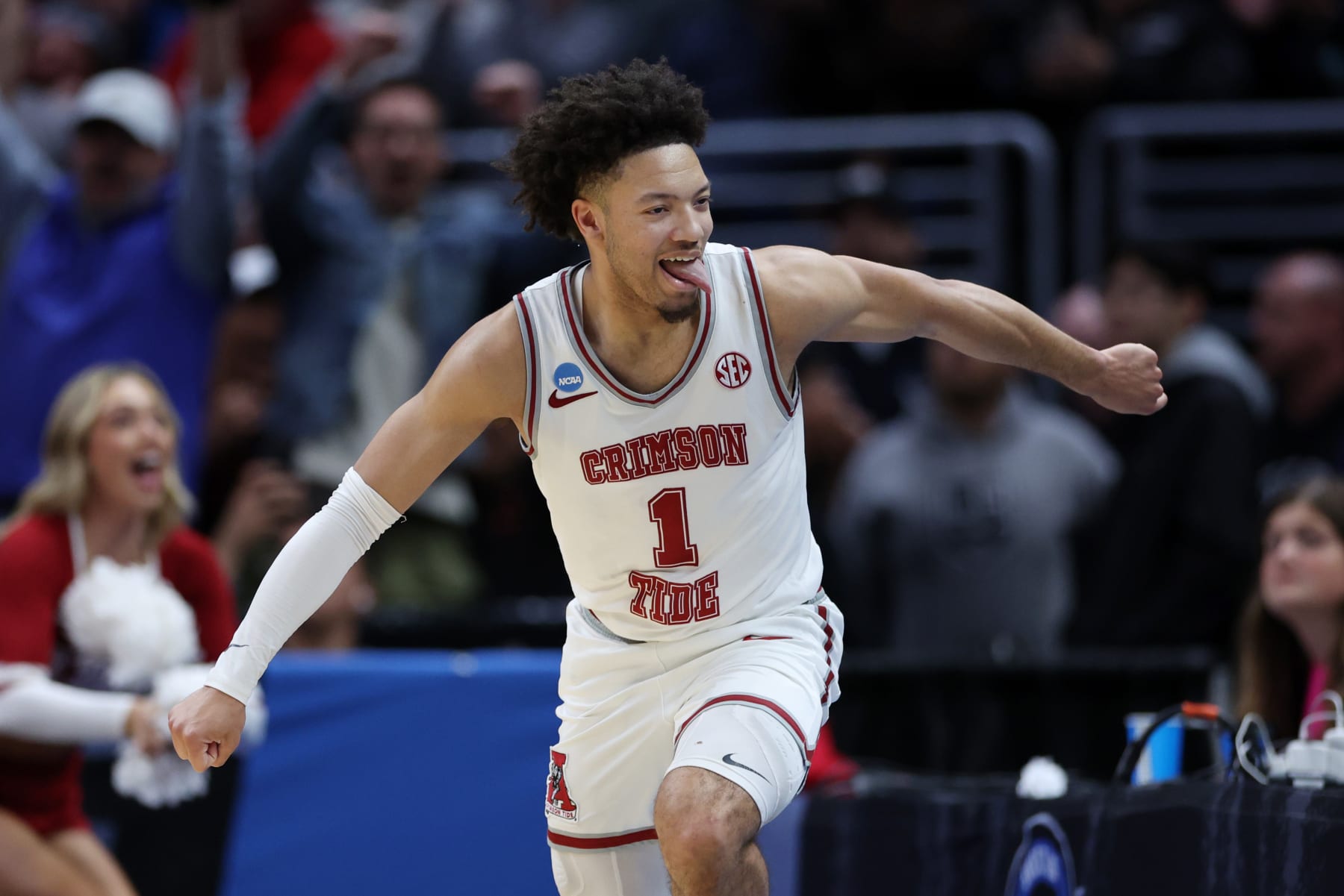LOS ANGELES, CALIFORNIA - MARCH 30: Mark Sears #1 of the Alabama Crimson Tide celebrates after making a three point basket during the second half against the Clemson Tigers in the Elite 8 round of the NCAA Men's Basketball Tournament at Crypto.com Arena on March 30, 2024 in Los Angeles, California. (Photo by Harry How/Getty Images)