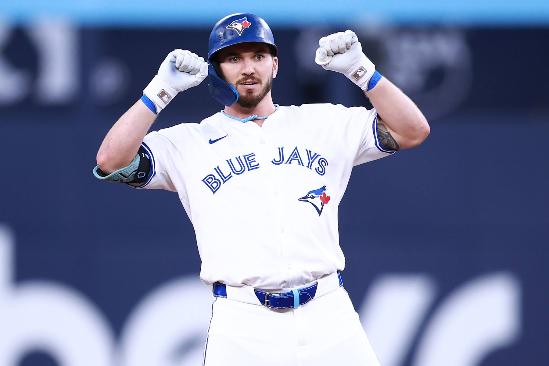 TORONTO, ON - SEPTEMBER 03:  Spencer Horwitz #48 of the Toronto Blue Jays reacts after hitting a double during a game against the Philadelphia Phillies at Rogers Centre on September 03, 2024 in Toronto, Ontario, Canada.  (Photo by Vaughn Ridley/Getty Images)