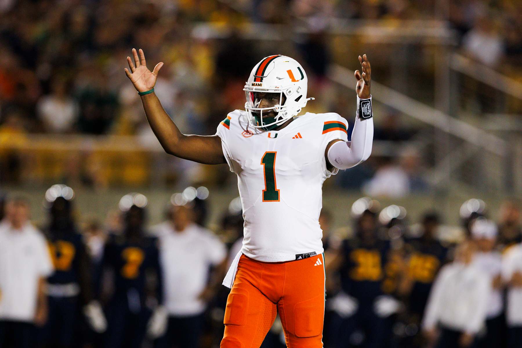 BERKELEY, CALIFORNIA - OCTOBER 5: Cam Ward #1 of the Miami Hurricanes celebrates during the first half against California Golden Bears at California Memorial Stadium on October 5, 2024 in Berkeley, California. (Photo by Ric Tapia/Getty Images)