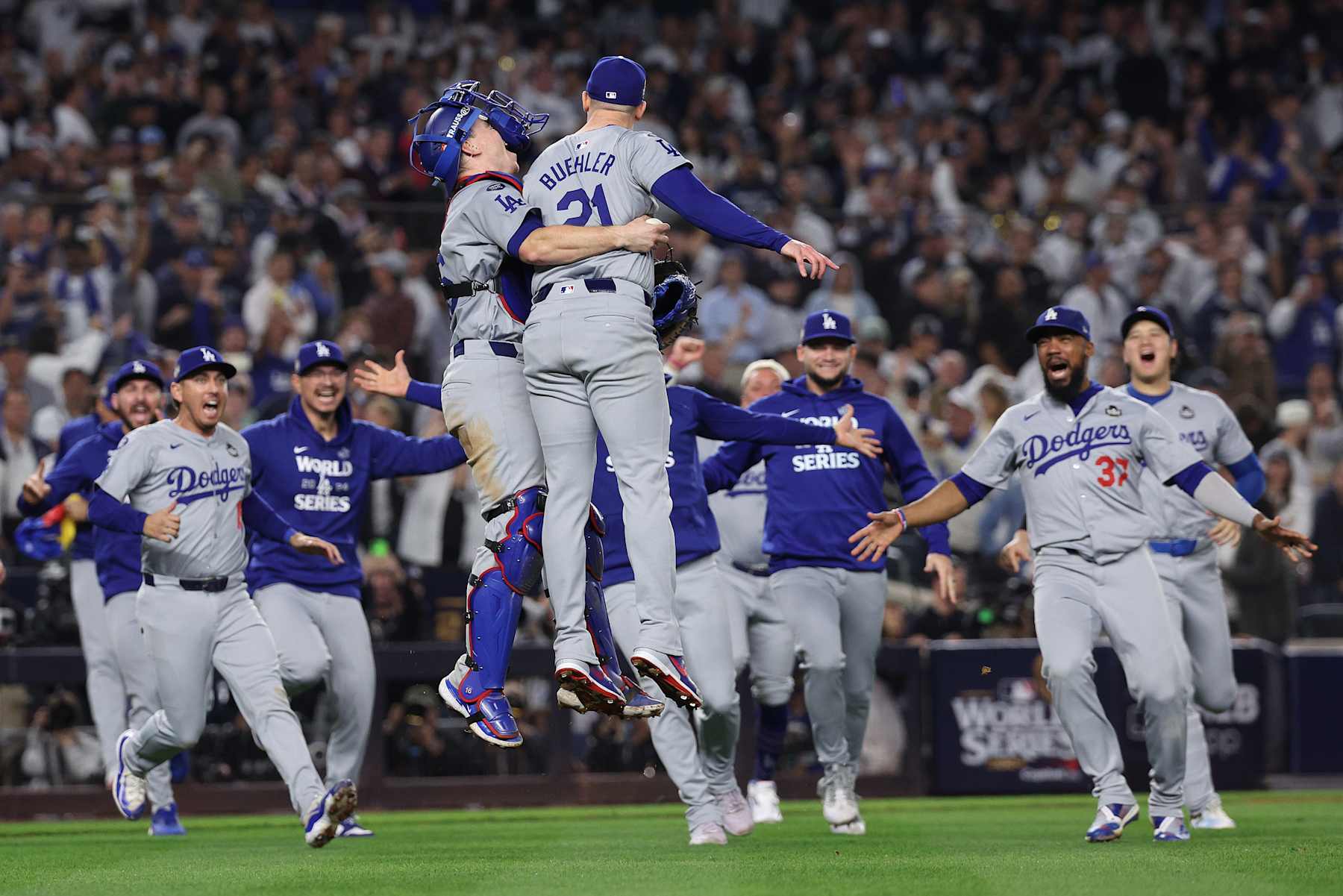 NEW YORK, NEW YORK - OCTOBER 30:  The Los Angeles Dodgers celebrate as the they defeat the New York Yankees 7-6 in game 5 to win the 2024 World Series at Yankee Stadium on October 30, 2024 in the Bronx borough of New York City. (Photo by Elsa/Getty Images)