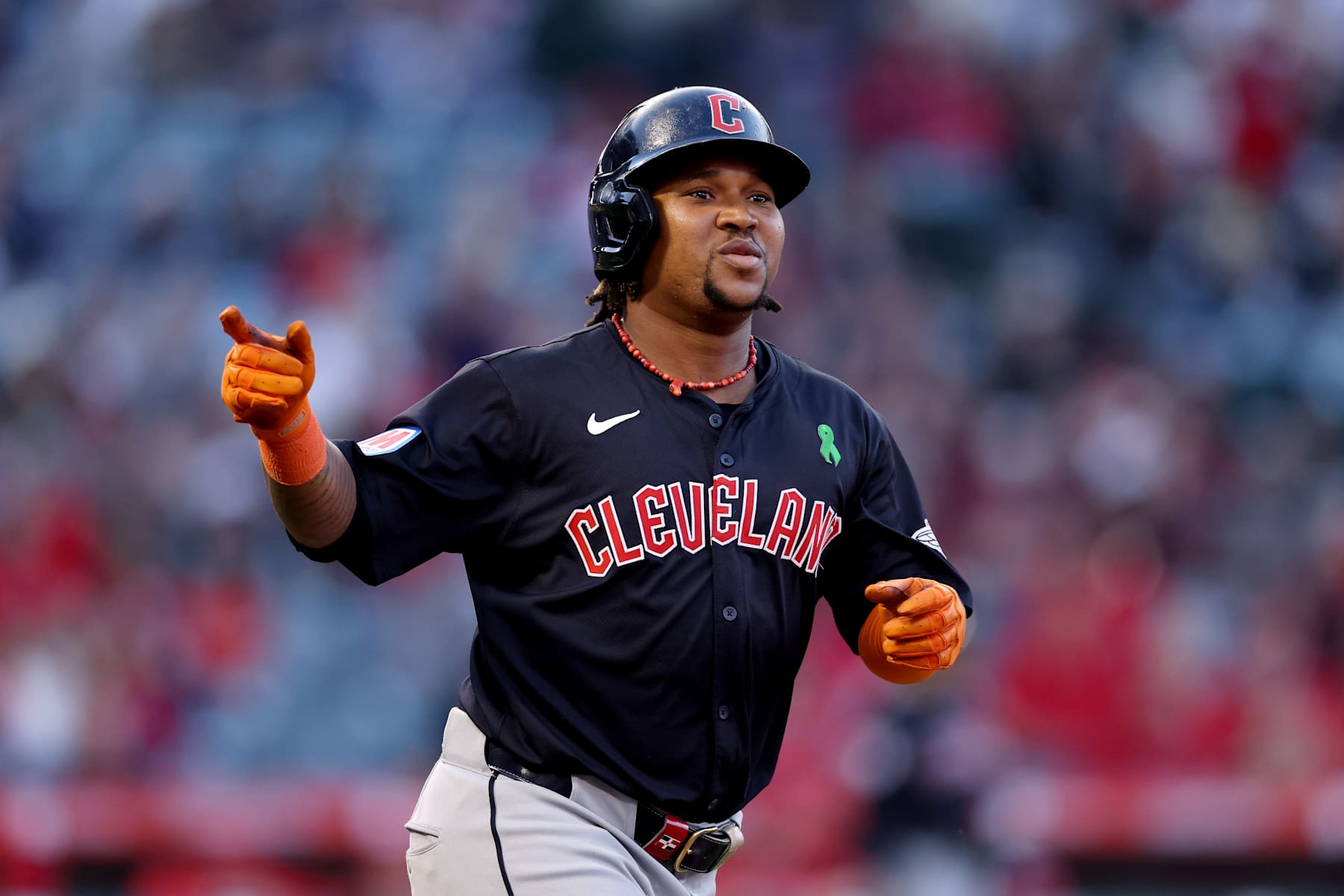 ANAHEIM, CALIFORNIA - MAY 25: José Ramírez #11 of the Cleveland Guardians celebrates his two run home run during the third inning against the Los Angeles Angels at Angel Stadium of Anaheim on May 25, 2024 in Anaheim, California. (Photo by Katelyn Mulcahy/Getty Images)