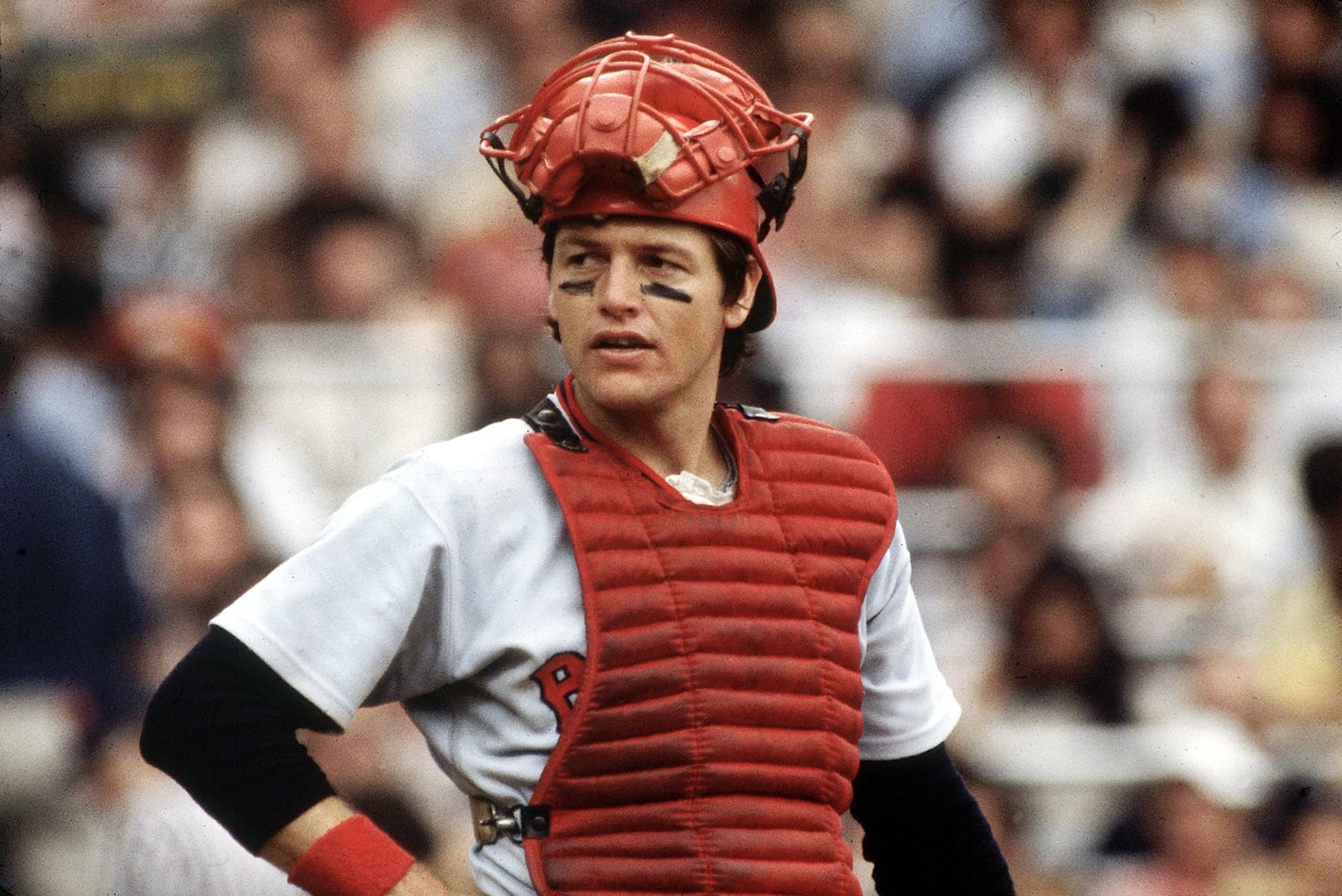 UNITED STATES - SEPTEMBER 16:  Baseball: Closeup of Boston Red Sox Carlton Fisk during game vs New York Yankees, Bronx, NY 9/16/1978  (Photo by Walter Iooss Jr./Sports Illustrated via Getty Images)  (SetNumber: X22693 TK2)