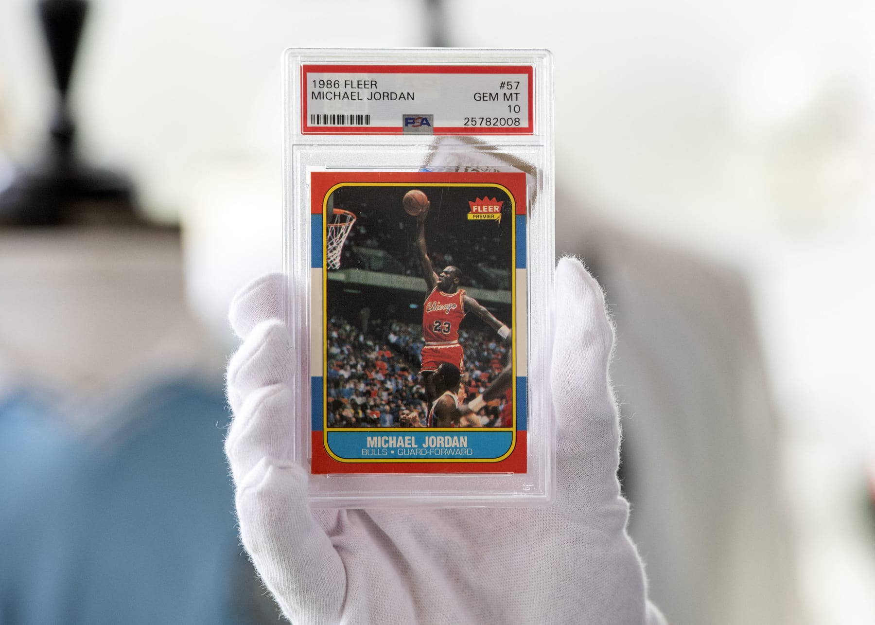 The Micheal Jordan 1986 Fleer Rookie Card #57, estimated between $200,000 and $400,000, is seen at the preview of Julien's Sports Legends Auction in Beverly Hills, California, July 12, 2021. - The Jersey is among the items which will go for auction July 17, 2021. (Photo by VALERIE MACON / AFP) (Photo by VALERIE MACON/AFP via Getty Images)
