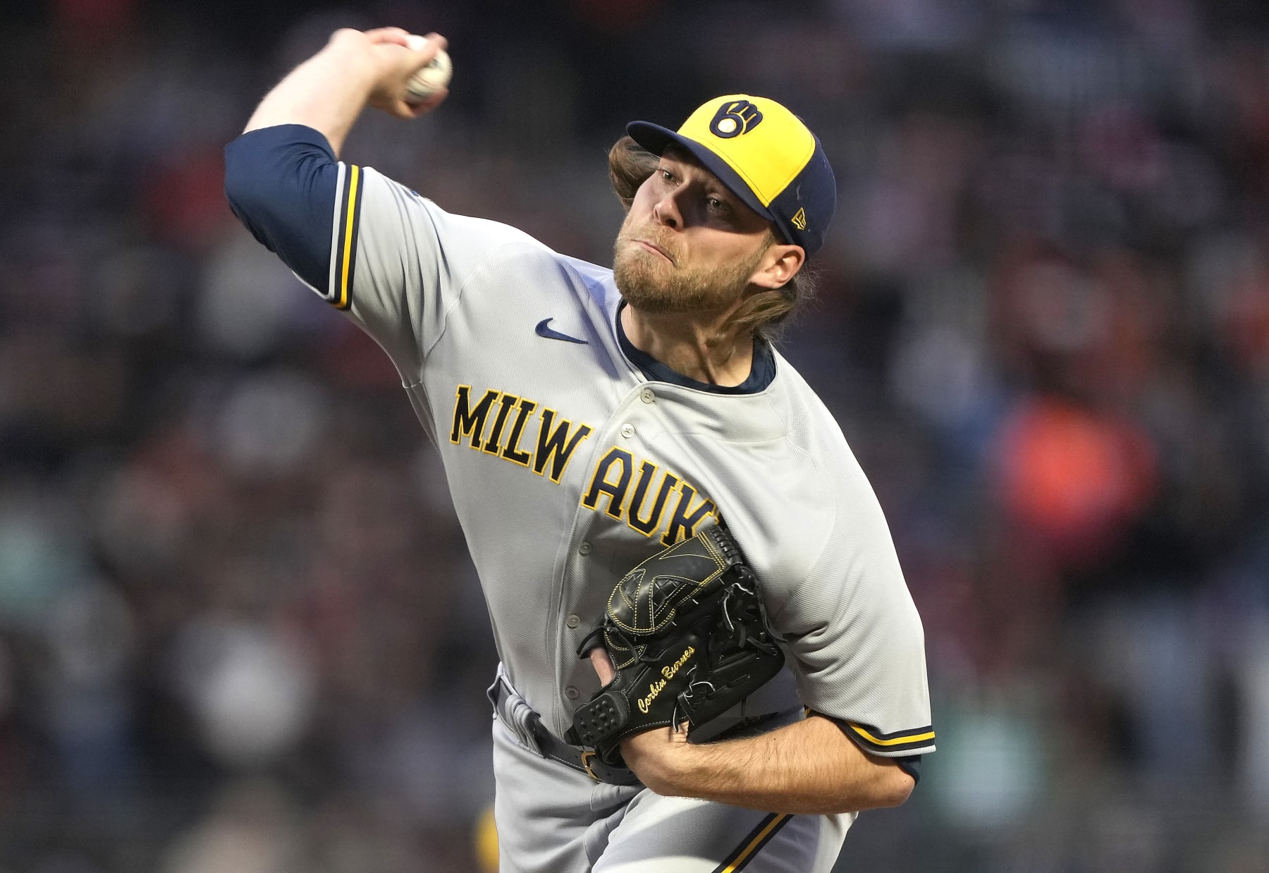 SAN FRANCISCO, CALIFORNIA - MAY 05: Corbin Burnes #39 of the Milwaukee Brewers pitches against the San Francisco Giants in the bottom of the first inning at Oracle Park on May 05, 2023 in San Francisco, California. (Photo by Thearon W. Henderson/Getty Images)