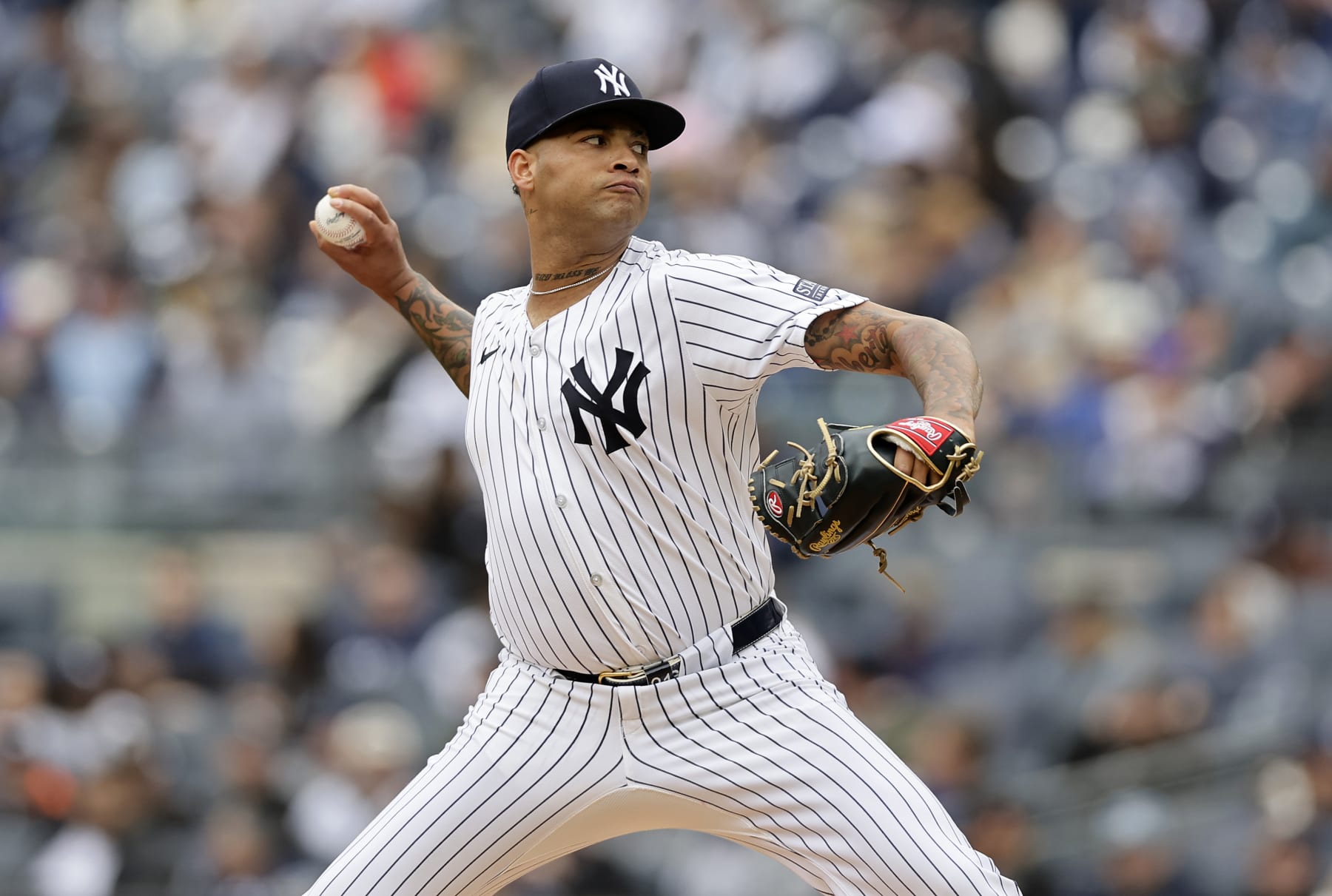 NEW YORK, NEW YORK - APRIL 21:  Luis Gil #81 of the New York Yankees in action against the Tampa Bay Rays at Yankee Stadium on April 21, 2024 in New York City. The Yankees defeated the Rays 5-4. (Photo by Jim McIsaac/Getty Images)