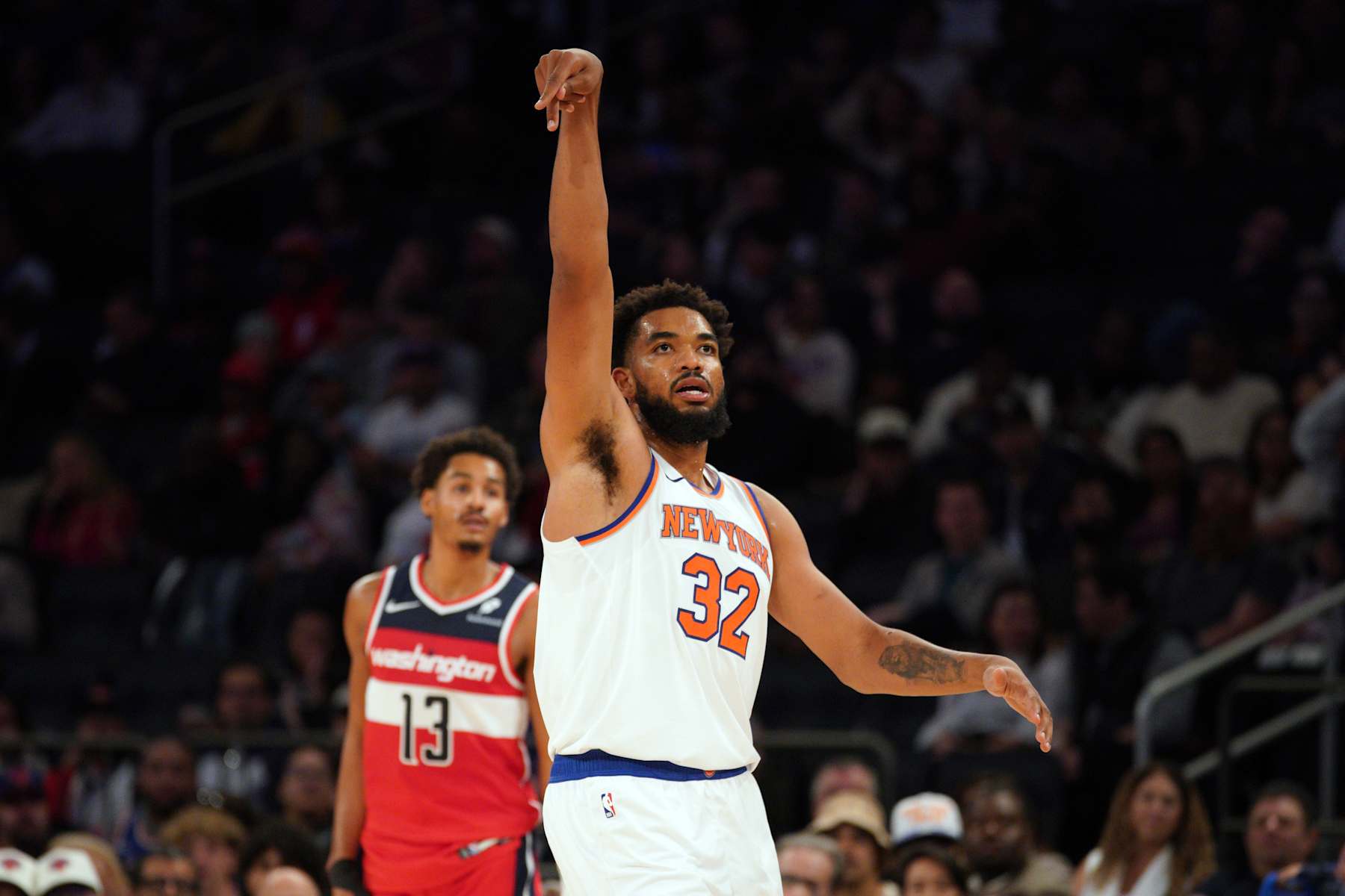 NEW YORK, NEW YORK - OCTOBER 09: Karl-Anthony Towns #32 of the New York Knicks in action against the Washington Wizards during the second half of a preseason game at Madison Square Garden on October 09, 2024 in New York City. NOTE TO USER: User expressly acknowledges and agrees that, by downloading and or using this Photograph, user is consenting to the terms and conditions of the Getty Images License Agreement. (Photo by Evan Bernstein/Getty Images)