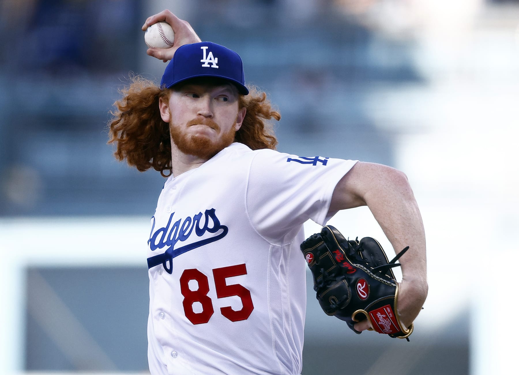 LOS ANGELES, CALIFORNIA - AUGUST 20:  Dustin May #85 of the Los Angeles Dodgers throws against the Miami Marlins in the first inning at Dodger Stadium on August 20, 2022 in Los Angeles, California. (Photo by Ronald Martinez/Getty Images)