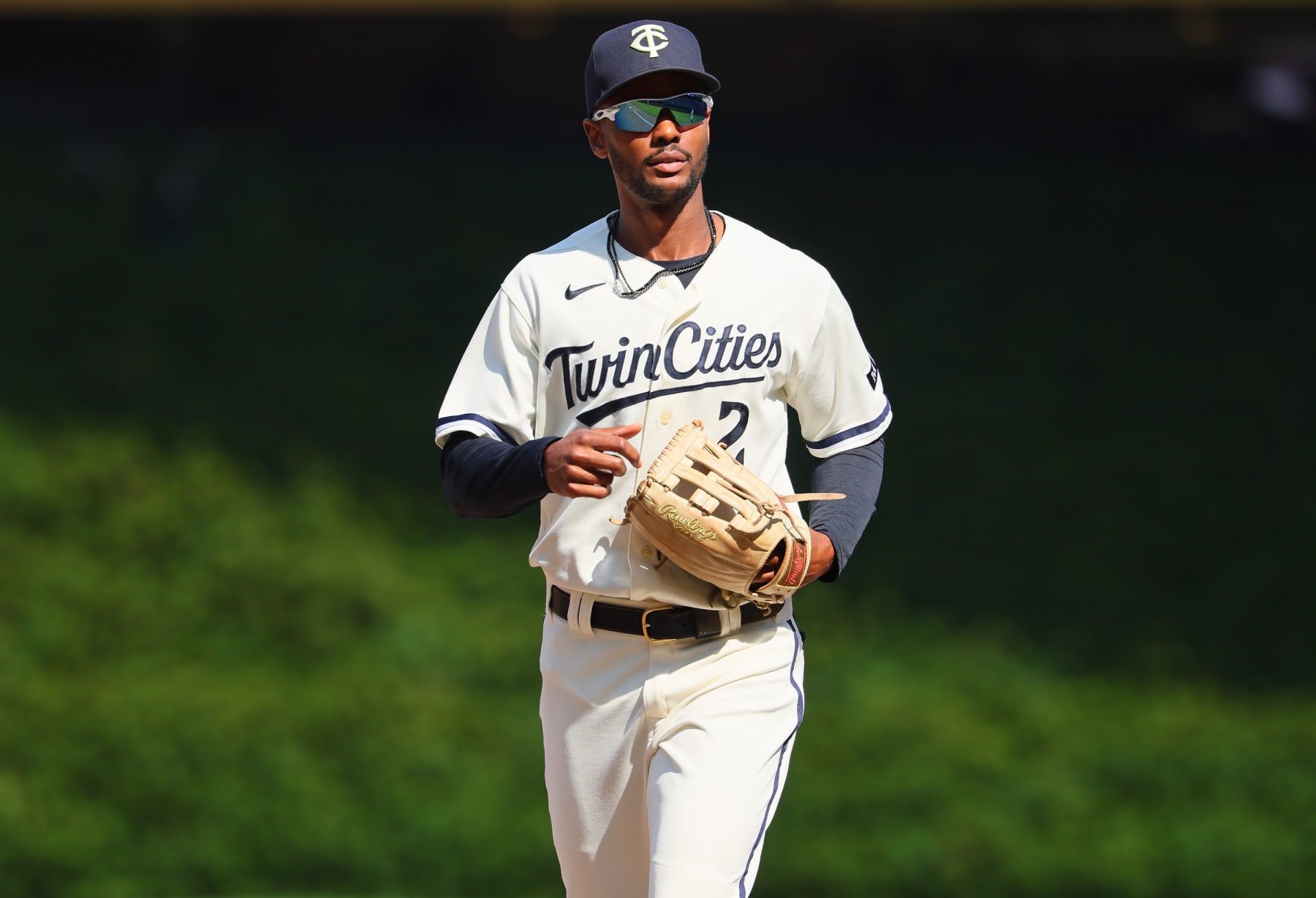 MINNEAPOLIS, MINNESOTA - AUGUST 30: Michael A. Taylor #2 of the Minnesota Twins walks off the field in the tenth inning against the Cleveland Guardians at Target Field on August 30, 2023 in Minneapolis, Minnesota. The Cleveland Guardians defeated the Minnesota Twins 5-2 in ten innings.(Photo by Adam Bettcher/Getty Images)
