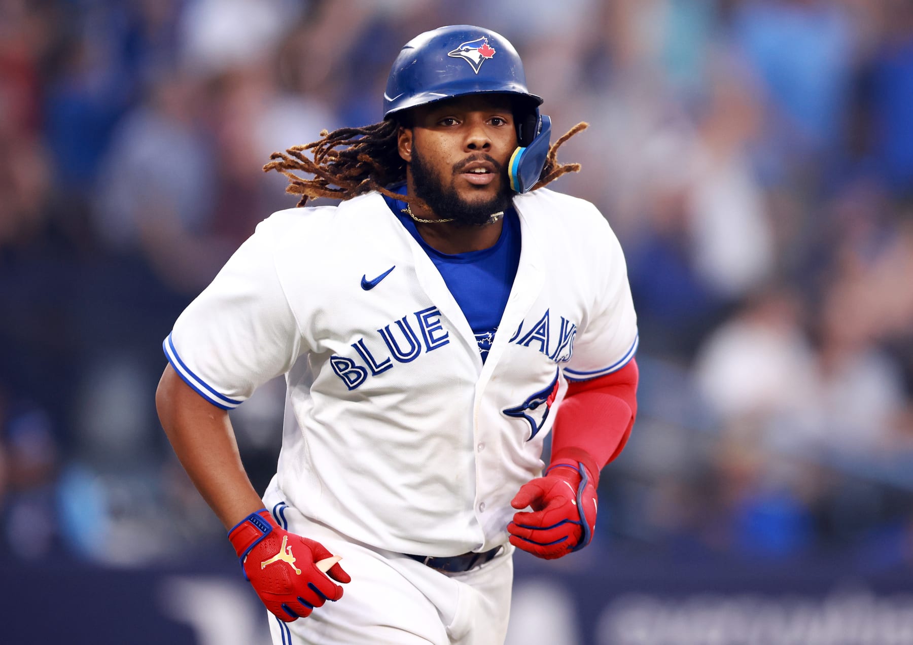 TORONTO, ON - JUNE 29:  Vladimir Guerrero Jr. #27 of the Toronto Blue Jays runs the bases on his two-run home run in the sixth inning against the San Francisco Giants at Rogers Centre on June 29, 2023 in Toronto, Ontario, Canada.  (Photo by Vaughn Ridley/Getty Images)