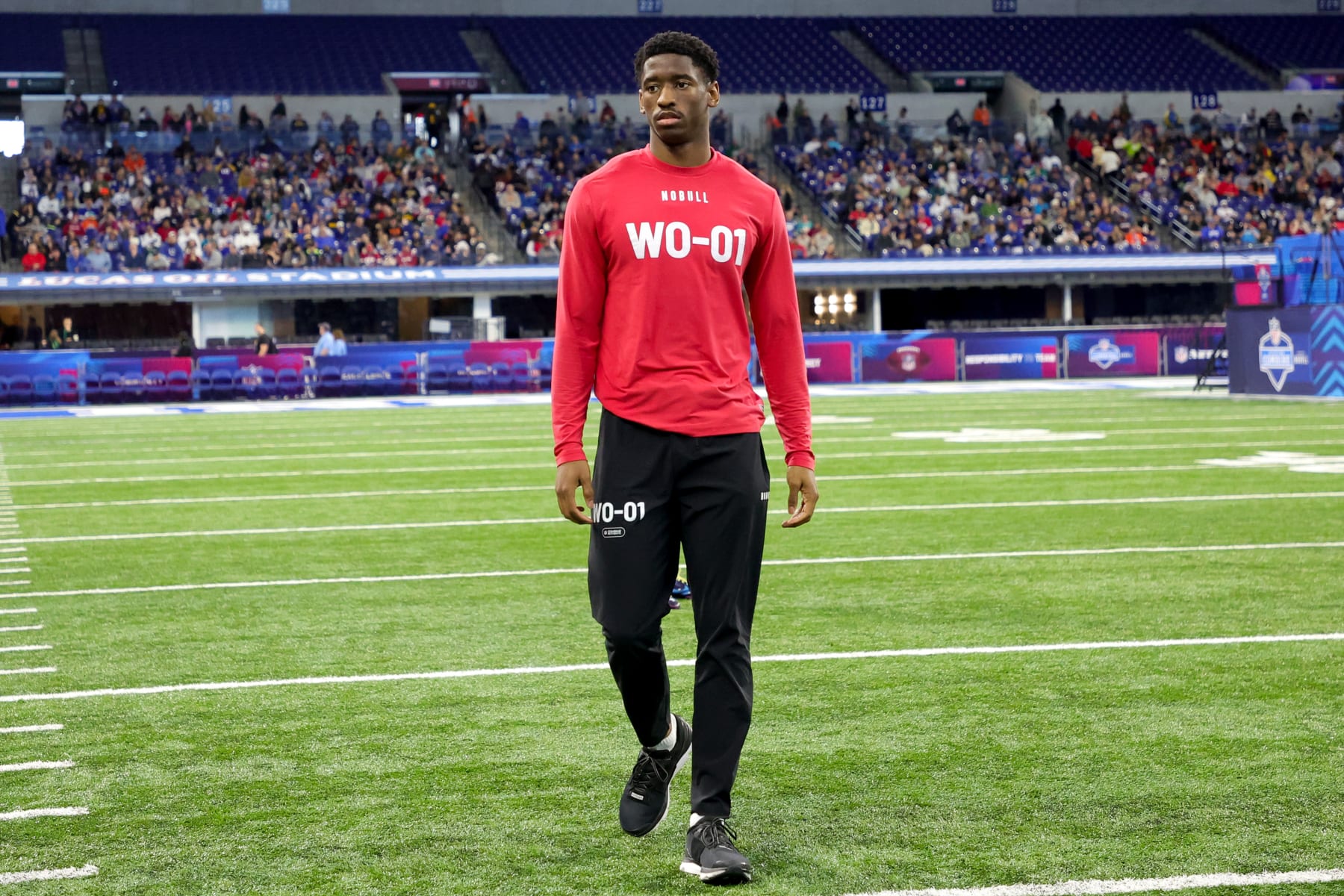 INDIANAPOLIS, INDIANA - MARCH 04: Wide receiver Jordan Addison of Southern California looks on during the NFL Combine at Lucas Oil Stadium on March 04, 2023 in Indianapolis, Indiana. (Photo by Stacy Revere/Getty Images)