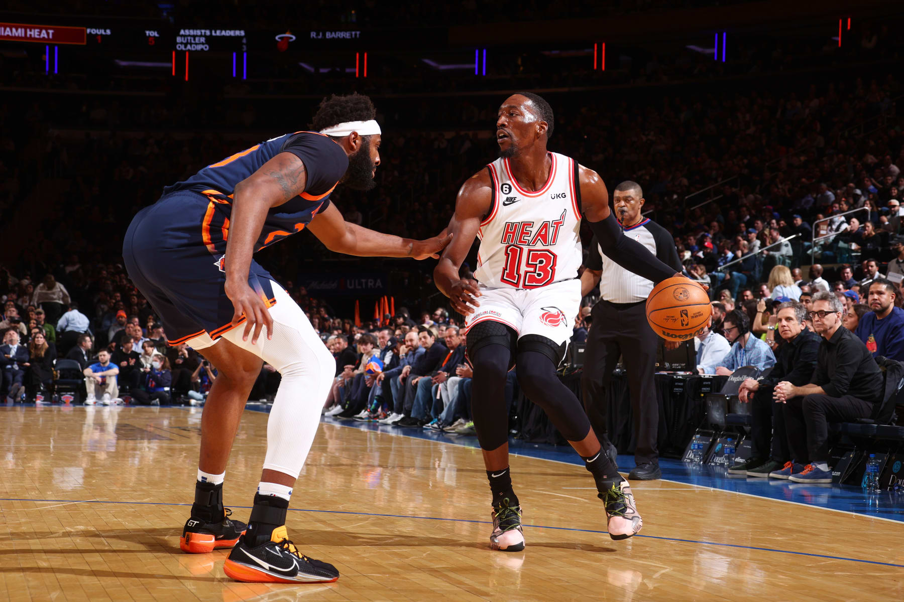 NEW YORK, NY - MARCH 29: Bam Adebayo #13 of the Miami Heat dribbles the ball during the game against the New York Knicks on March 29, 2023 at Madison Square Garden in New York City, New York.  NOTE TO USER: User expressly acknowledges and agrees that, by downloading and or using this photograph, User is consenting to the terms and conditions of the Getty Images License Agreement. Mandatory Copyright Notice: Copyright 2023 NBAE  (Photo by Nathaniel S. Butler/NBAE via Getty Images)