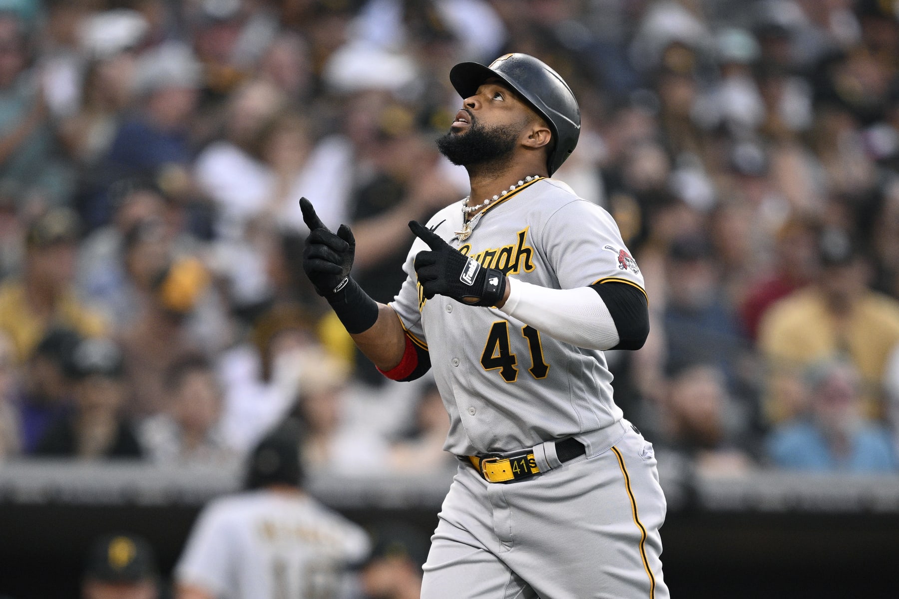 SAN DIEGO, CALIFORNIA - JULY 24: Carlos Santana #41 of the Pittsburgh Pirates celebrates his two-run home run against the San Diego Padres in the third inning at PETCO Park on July 24, 2023 in San Diego, California. (Photo by Orlando Ramirez/Getty Images)