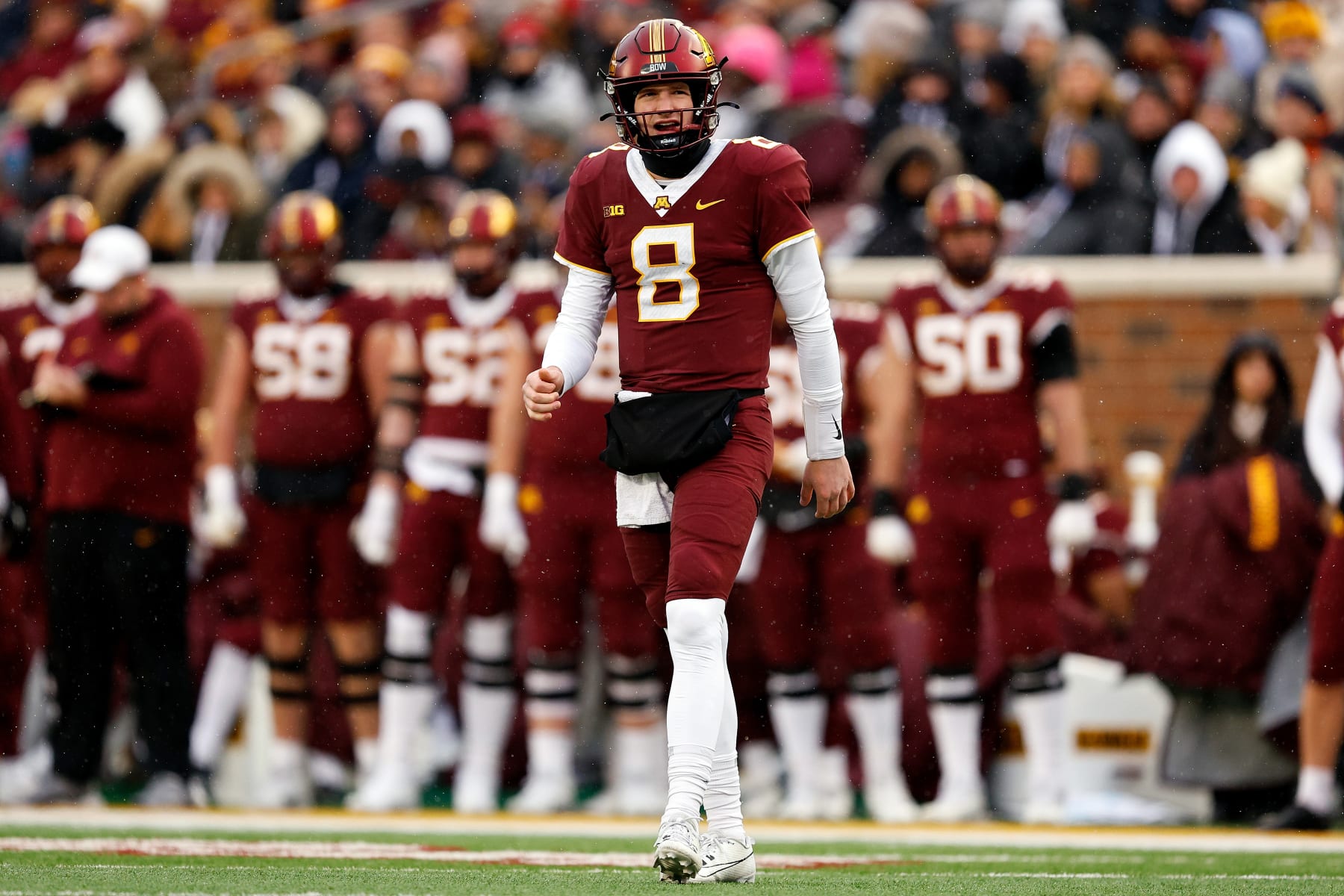 MINNEAPOLIS, MINNESOTA - NOVEMBER 25: Athan Kaliakmanis #8 of the Minnesota Golden Gophers looks on against the Wisconsin Badgers in the first half at Huntington Bank Stadium on November 25, 2023 in Minneapolis, Minnesota. (Photo by David Berding/Getty Images)