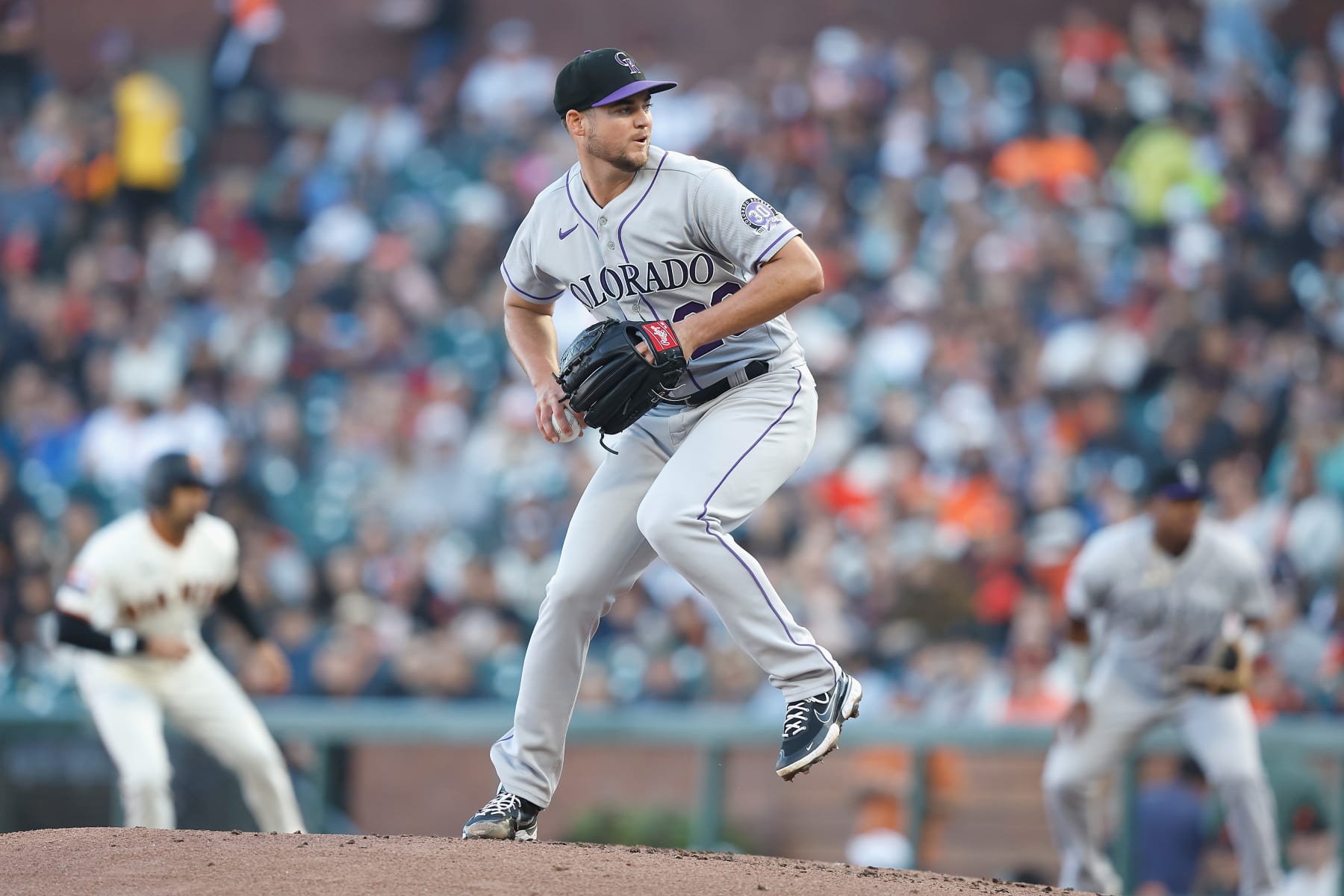 SAN FRANCISCO, CALIFORNIA - SEPTEMBER 10: Peter Lambert #20 of the Colorado Rockies pitches against the San Francisco Giants at Oracle Park on September 10, 2023 in San Francisco, California. (Photo by Lachlan Cunningham/Getty Images)