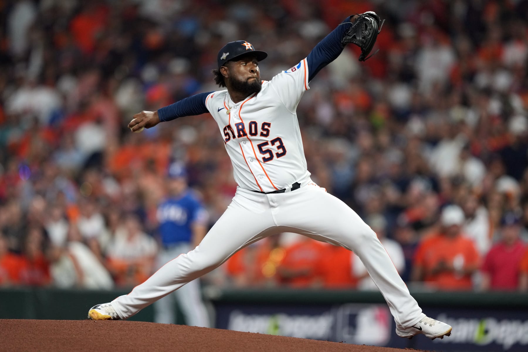 HOUSTON, TX - OCTOBER 23: Cristian Javier #53 of the Houston Astros pitches in the first inning during Game 7 of the ALCS between the Texas Rangers and the Houston Astros at Minute Maid Park on Monday, October 23, 2023 in Houston, Texas. (Photo by Alex Bierens de Haan/MLB Photos via Getty Images)