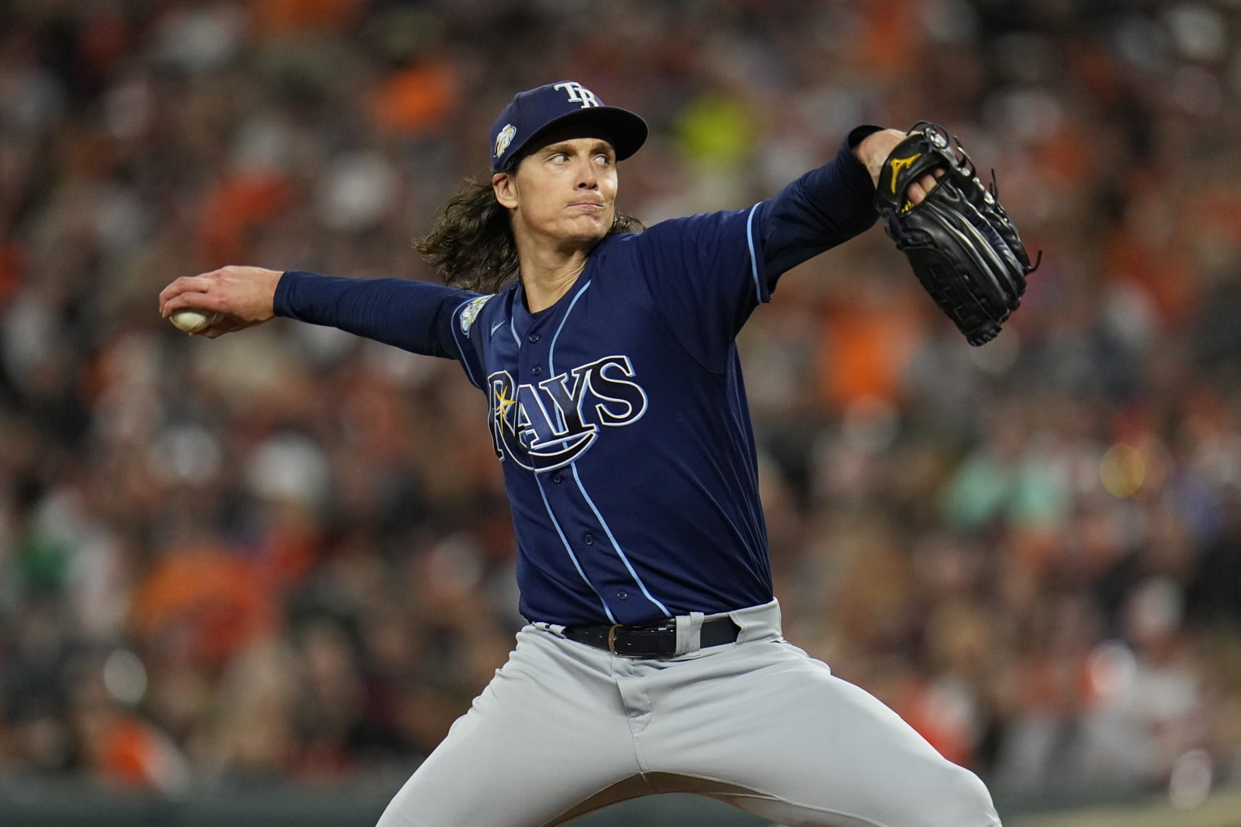 Tampa Bay Rays starting pitcher Tyler Glasnow throws to the Baltimore Orioles in the second inning of a baseball game, Saturday, Sept. 16, 2023, in Baltimore. (AP Photo/Julio Cortez)
