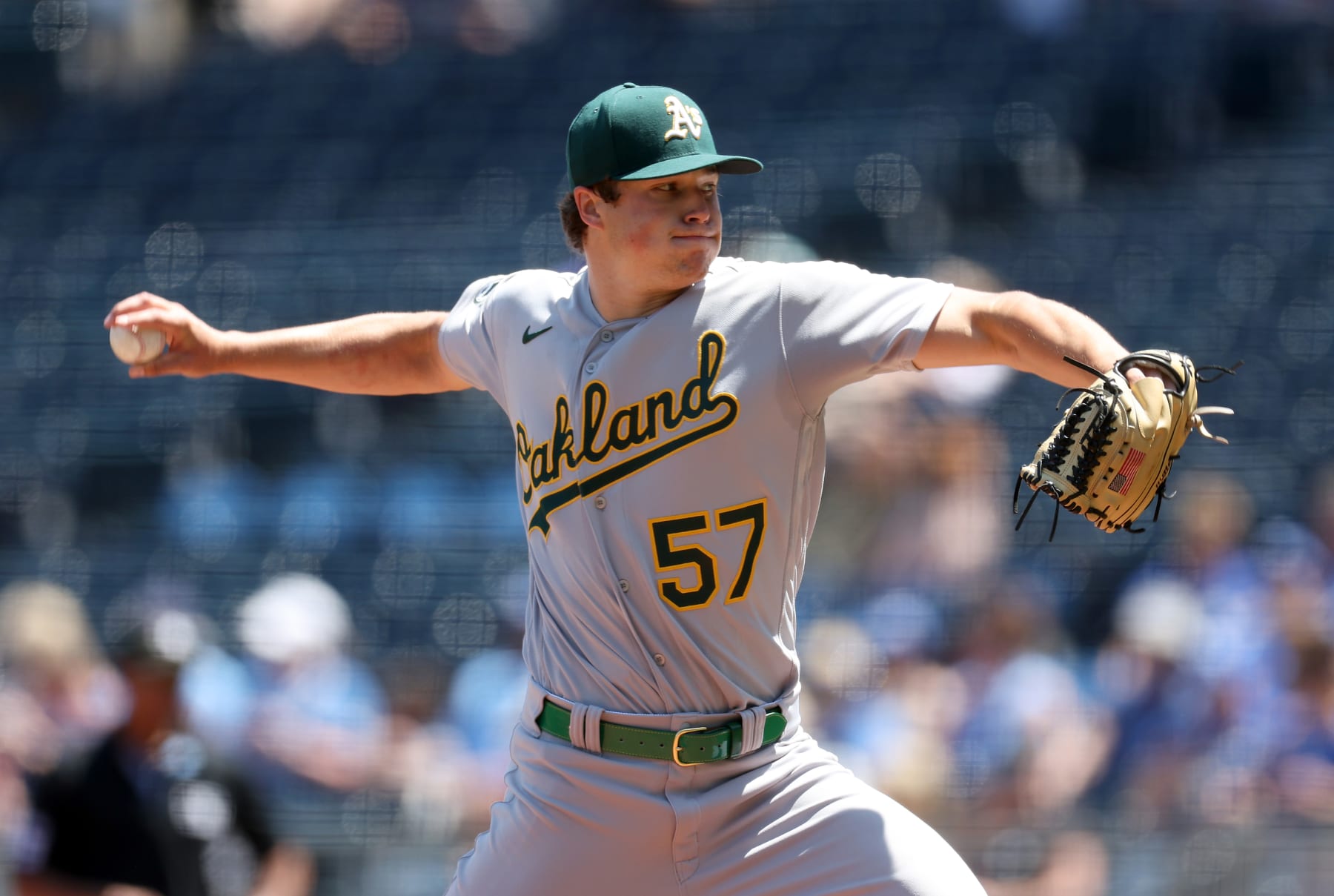 KANSAS CITY, MISSOURI - MAY 07:  Starting pitcher Mason Miller #57 of the Oakland Athletics pitches during the 1st inning of the game against the Kansas City Royalsat Kauffman Stadium on May 07, 2023 in Kansas City, Missouri. (Photo by Jamie Squire/Getty Images)