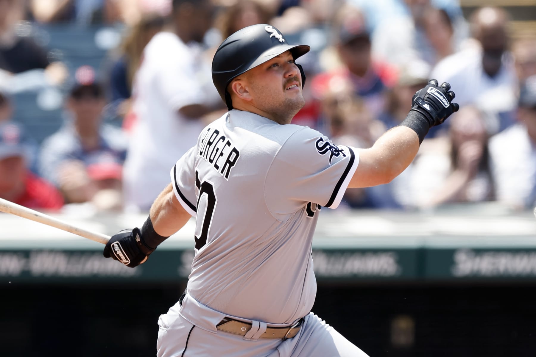 CLEVELAND, OH - MAY 24: Jake Burger #30 of the Chicago White Sox hits an RBI sacrifice fly off Cal Quantrill #47 of the Cleveland Guardians during the fourth inning at Progressive Field on May 24, 2023 in Cleveland, Ohio. (Photo by Ron Schwane/Getty Images)