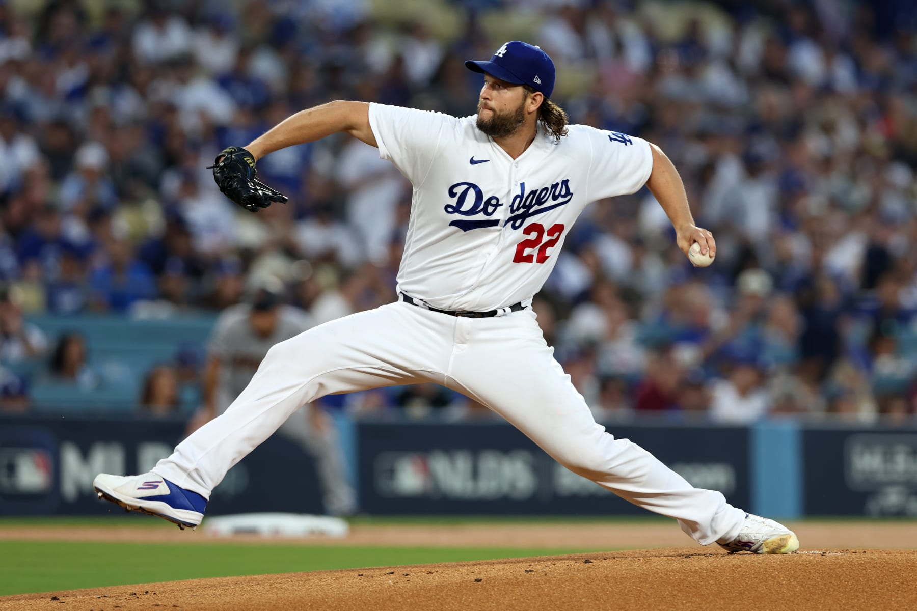 LOS ANGELES, CA - OCTOBER 07: Clayton Kershaw #22 of the Los Angeles Dodgers pitches during Game 1 of the Division Series between the Arizona Diamondbacks and the Los Angeles Dodgers at Dodger Stadium on Saturday, October 7, 2023 in Los Angeles, California. (Photo by Rob Leiter/MLB Photos via Getty Images)