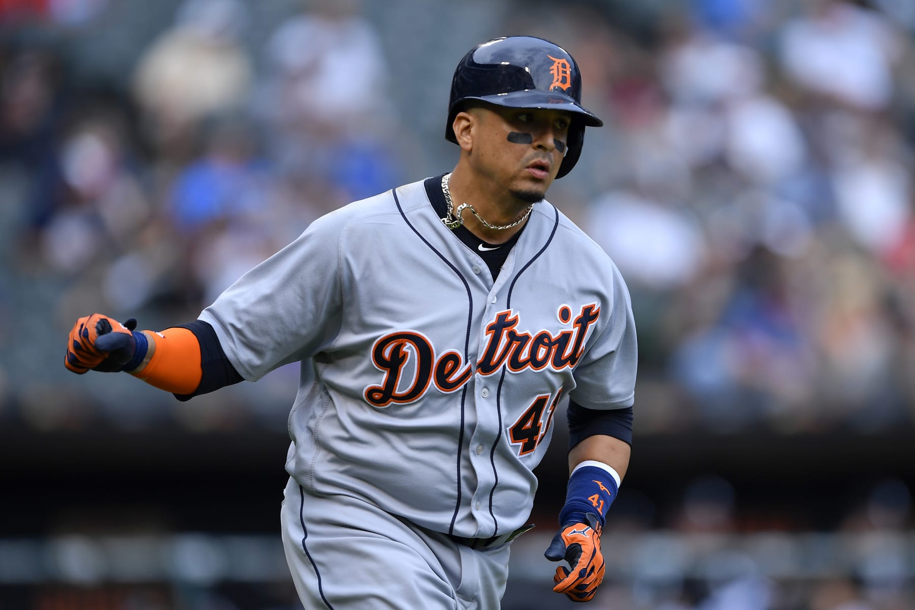 CHICAGO, IL - SEPTEMBER 03: Detroit Tigers designated hitter Victor Martinez (41) reacts after hitting a solo home run in the ninth inning against the Chicago White Sox on September 3, 2018 at Guaranteed Rate Field in Chicago, Illinois.  (Photo by Quinn Harris/Icon Sportswire via Getty Images)