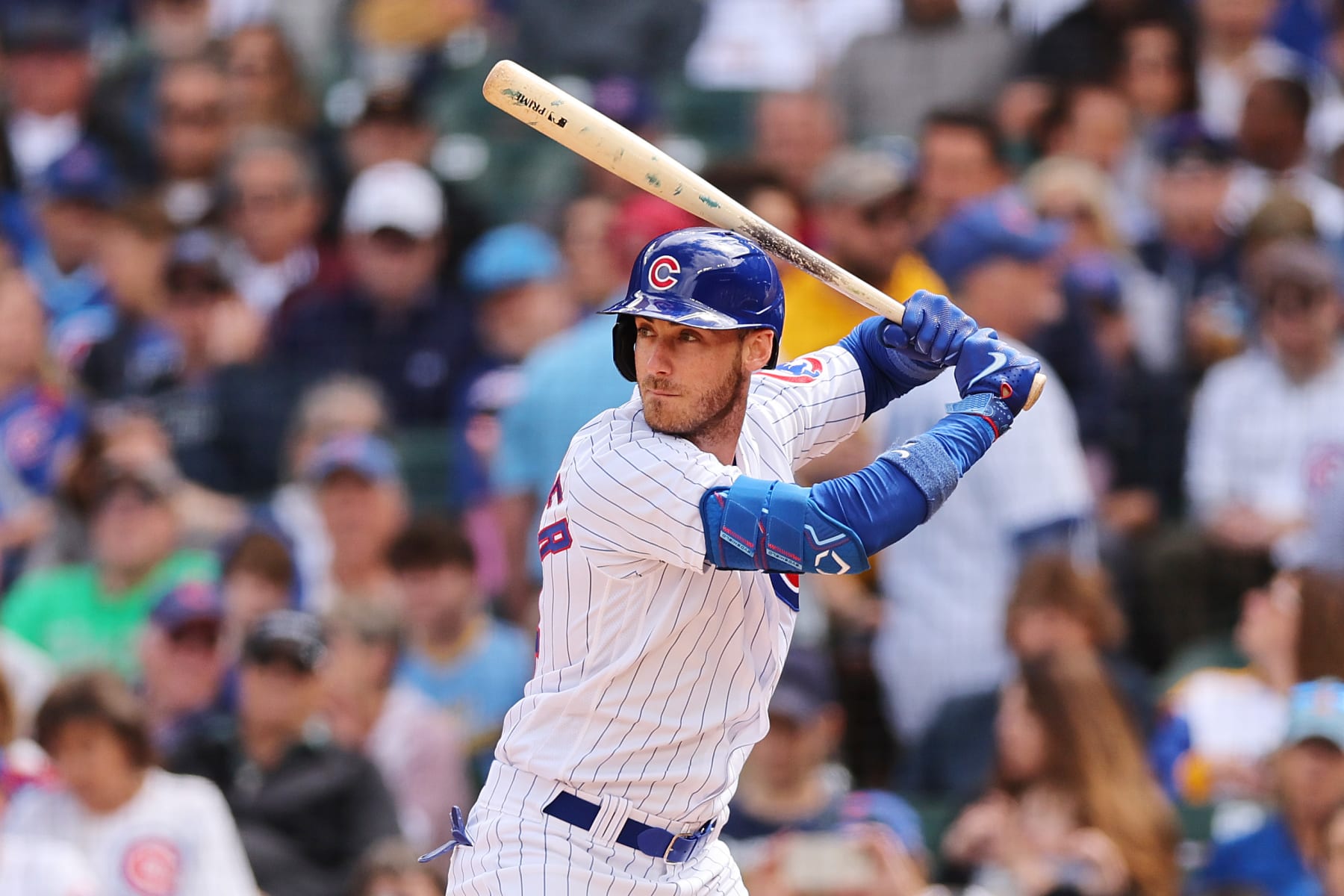 CHICAGO, ILLINOIS - AUGUST 30: Cody Bellinger #24 of the Chicago Cubs at bat against the Milwaukee Brewers at Wrigley Field on August 30, 2023 in Chicago, Illinois. (Photo by Michael Reaves/Getty Images)