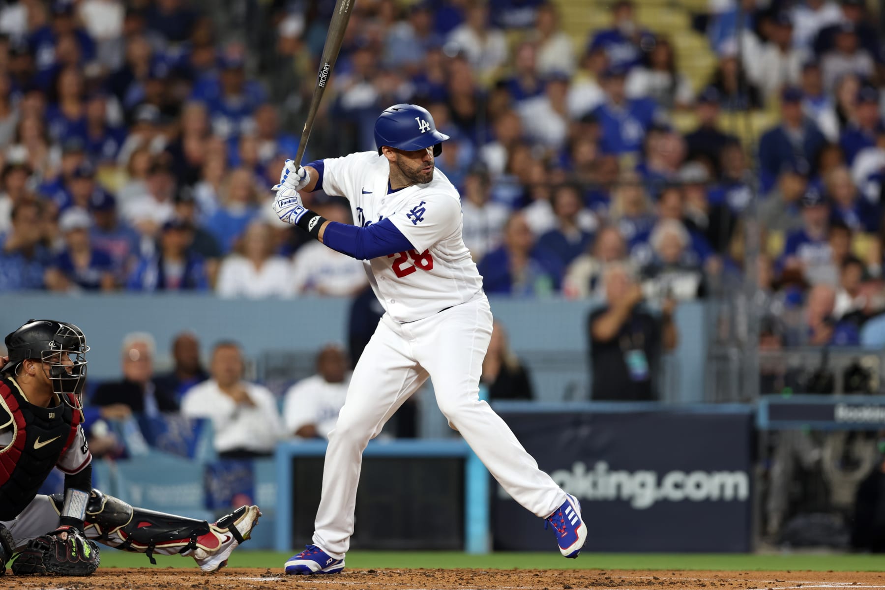 LOS ANGELES, CA - OCTOBER 09: J.D. Martinez #28 of the Los Angeles Dodgers bats during Game 2 of the Division Series between the Arizona Diamondbacks and the Los Angeles Dodgers at Dodger Stadium on Monday, October 9, 2023 in Los Angeles, California. (Photo by Rob Leiter/MLB Photos via Getty Images)