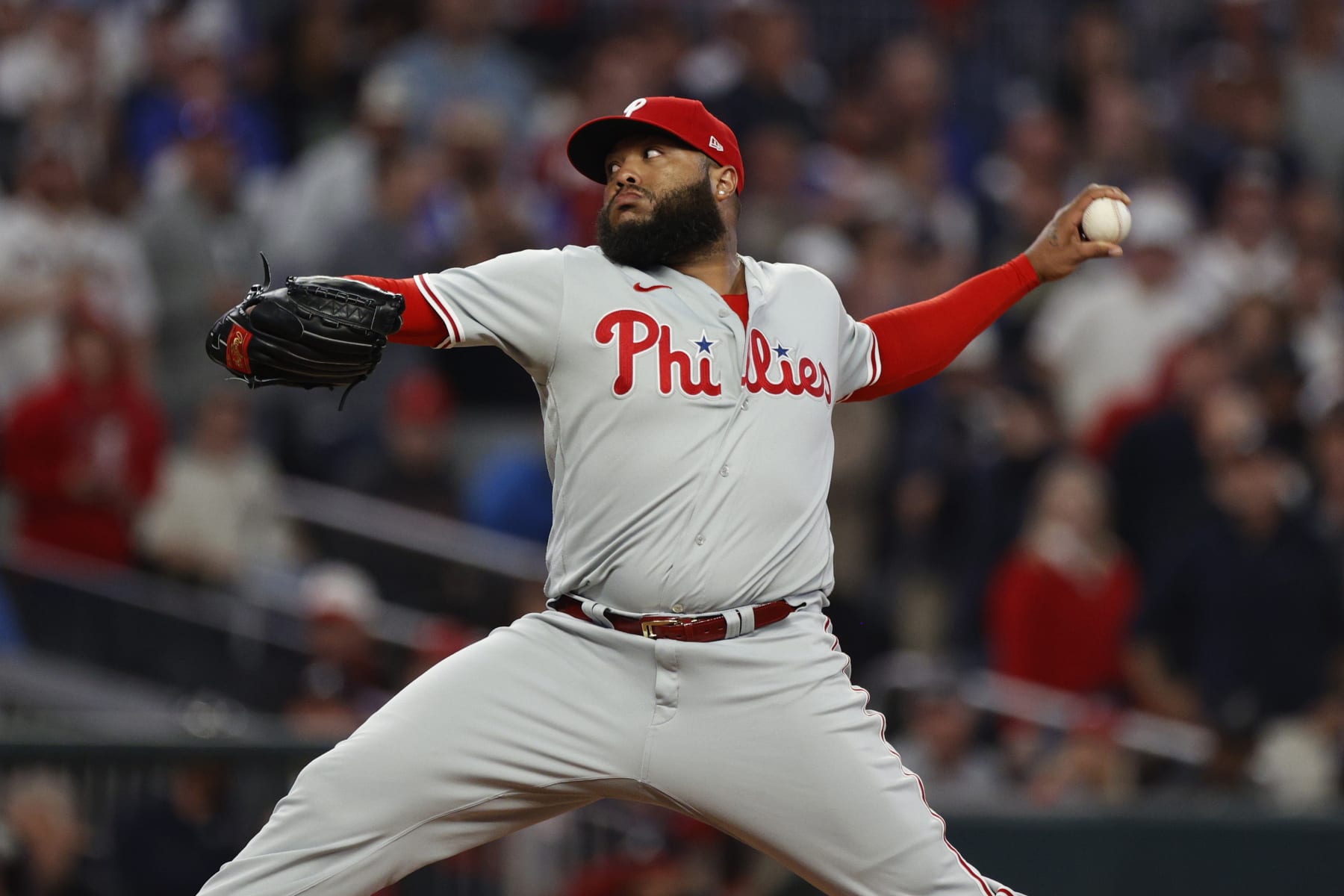 ATLANTA, GA - OCTOBER 09: Philadelphia Phillies relief pitcher Jose Alvarado #46 delivers a pitch during game 2 of the NLDS between the Philadelphia Phillies and the Atlanta Braves on October 09, 2023 at TRUIST Park in Atlanta, GA. (Photo by Jeff Robinson/Icon Sportswire via Getty Images)