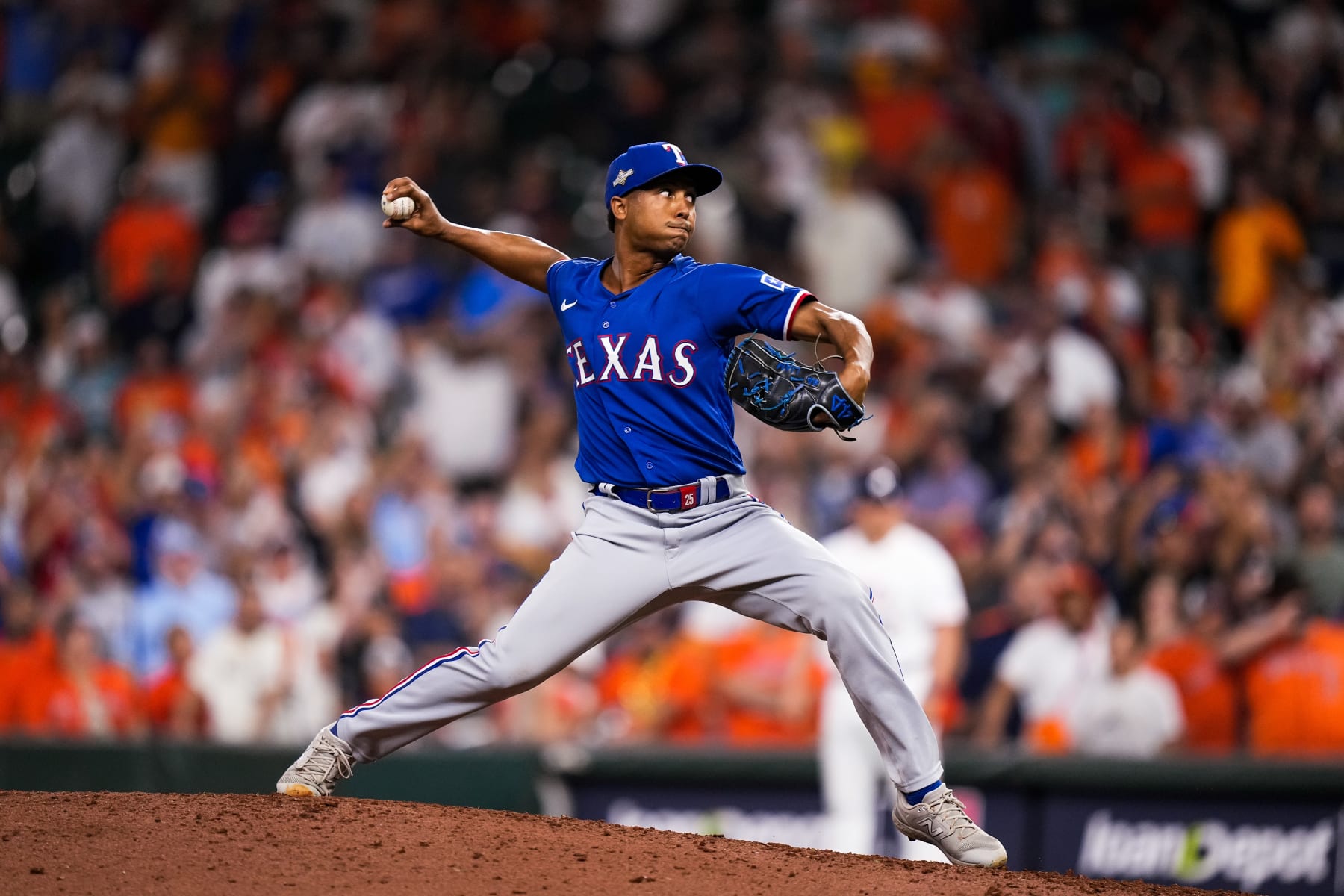 HOUSTON, TX - OCTOBER 23: Jose Leclerc #25 of the Texas Rangers delivers a pitch during Game Seven of the American League Championship Series against the Houston Astros at Minute Maid Park on October 23, 2023 in Houston, Texas. (Photo by Bailey Orr/Texas Rangers/Getty Images)