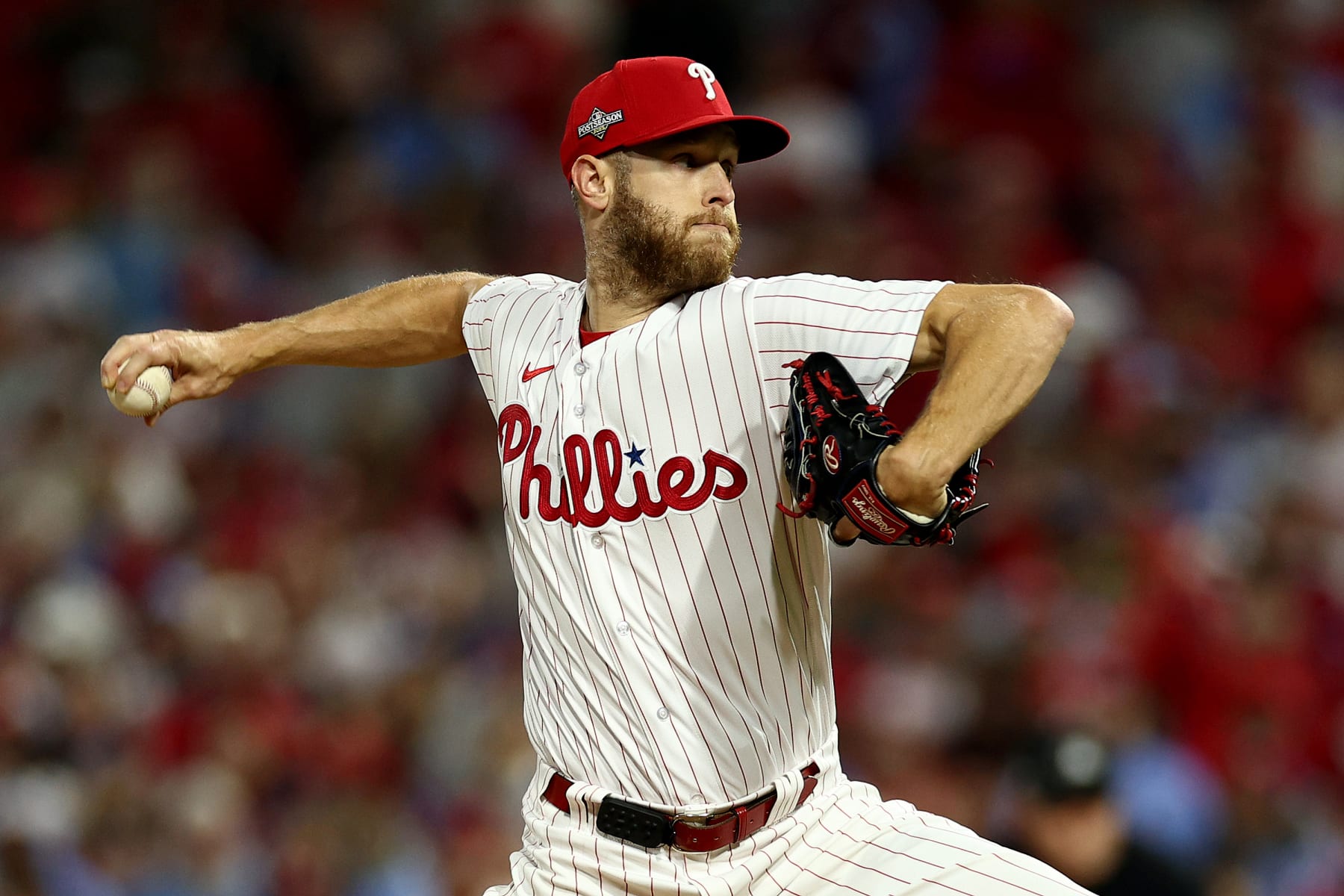 PHILADELPHIA, PENNSYLVANIA - OCTOBER 16: Zack Wheeler #45 of the Philadelphia Phillies pitches in the first inning against the Arizona Diamondbacks during Game One of the Championship Series at Citizens Bank Park on October 16, 2023 in Philadelphia, Pennsylvania. (Photo by Elsa/Getty Images)